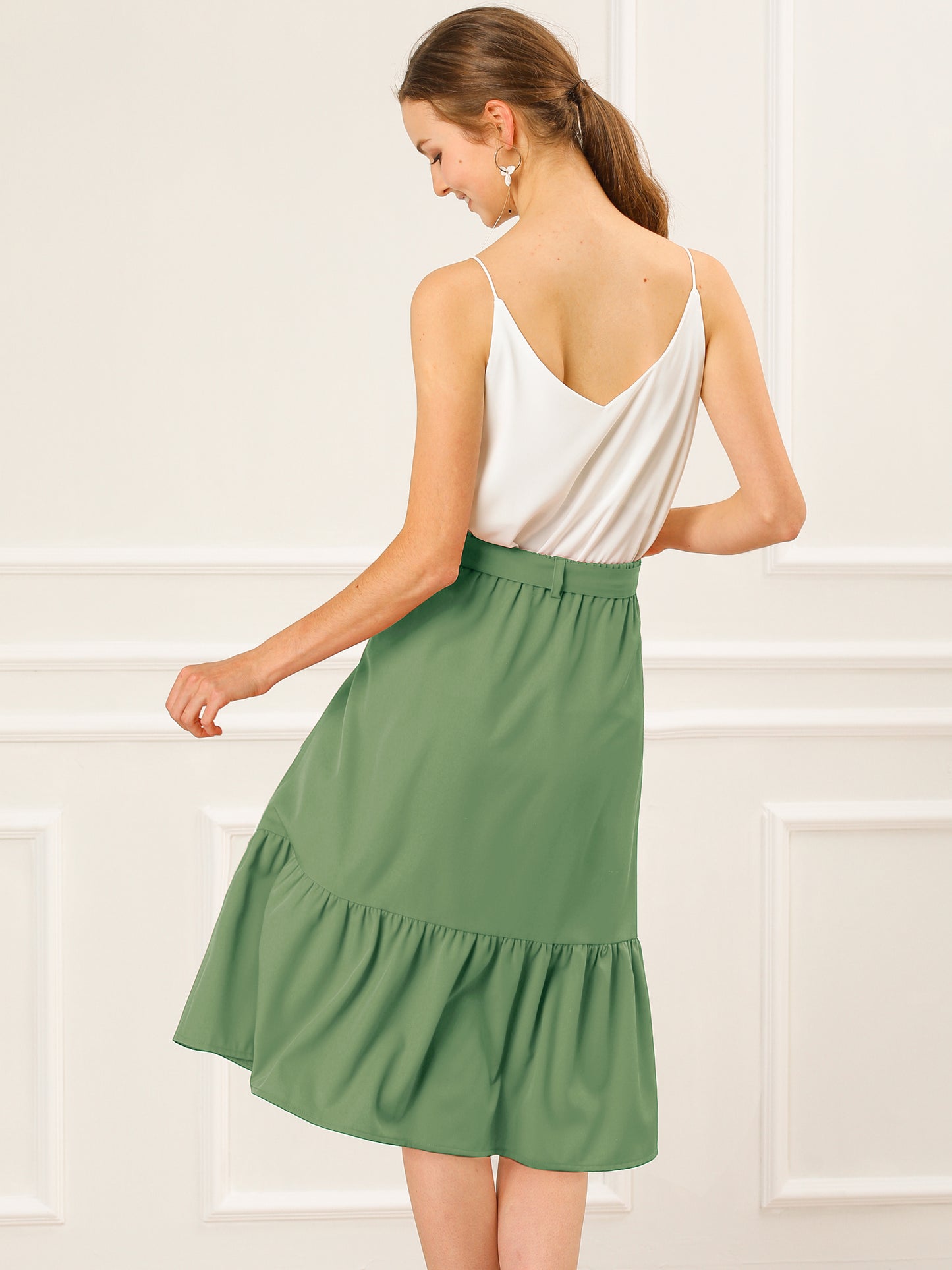 Women's Retro Button Front Tie Waist Flowy A-Line Chiffon Ruffle Midi Skirt
