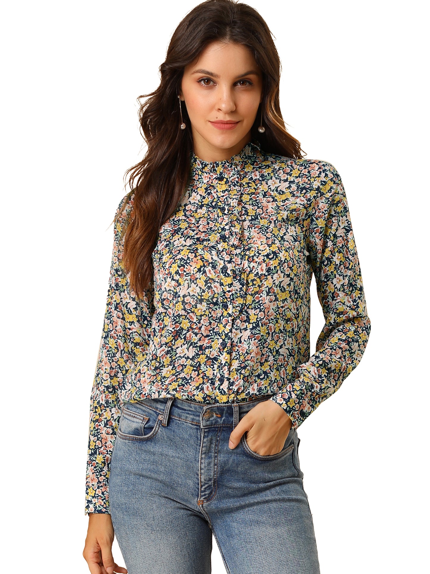 Women's Floral Printed Shirt Ruffled Button Up Mock Neck Blouse
