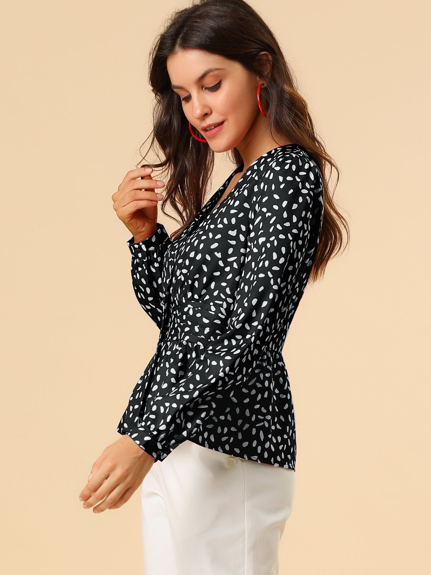 Women's Elegant V Neck Dots Print Smocked Ruffled Hem Button Peplum Blouse