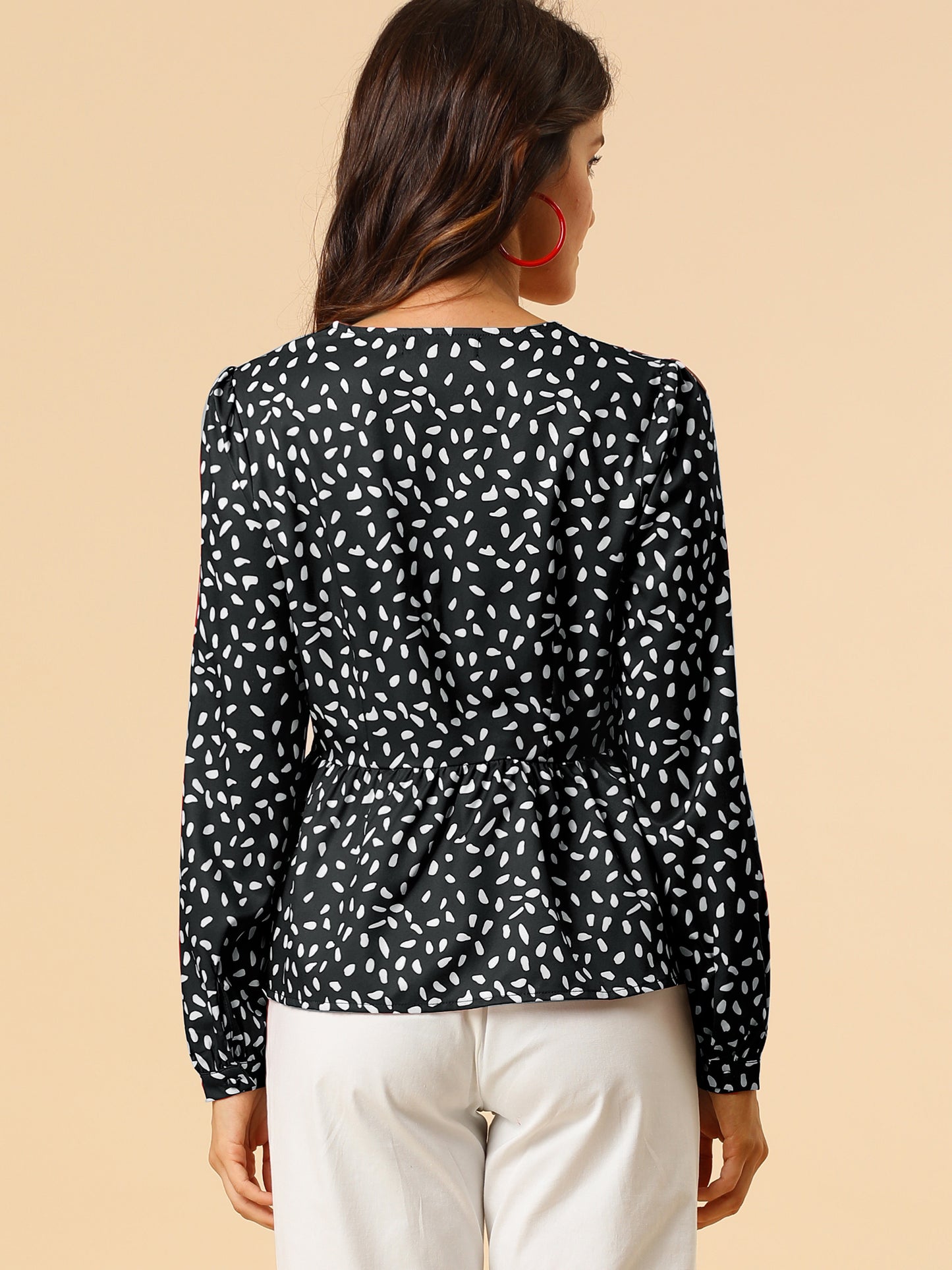 Women's Elegant V Neck Dots Print Smocked Ruffled Hem Button Peplum Blouse
