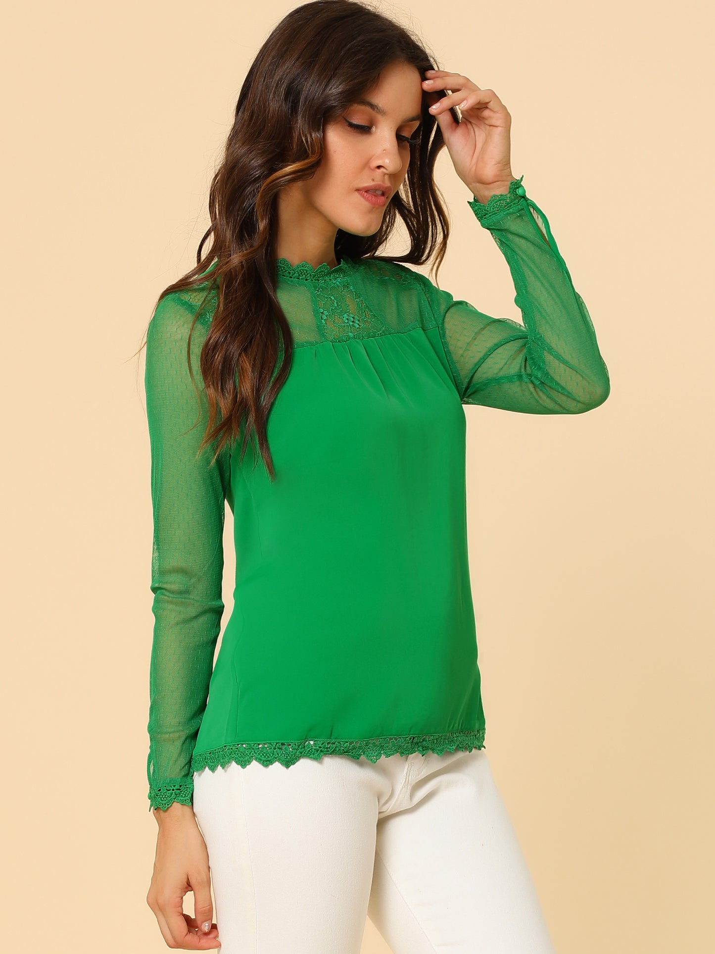 Women's Chiffon Top Elegant Sheer Mesh Lace Long Sleeve Blouse