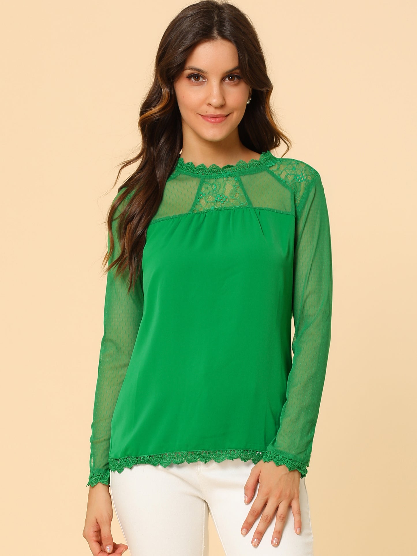 Women's Chiffon Top Elegant Sheer Mesh Lace Long Sleeve Blouse