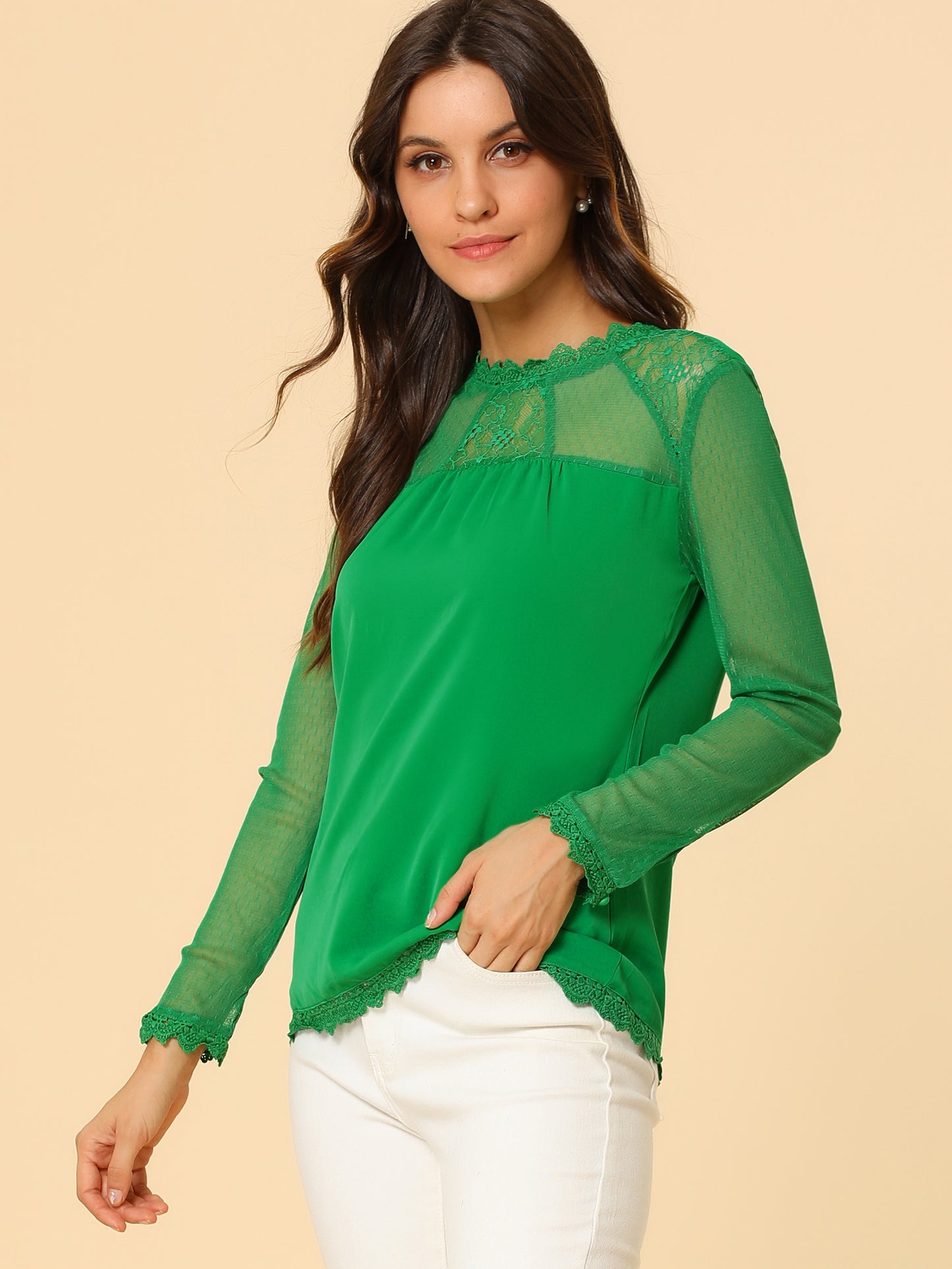 Women's Chiffon Top Elegant Sheer Mesh Lace Long Sleeve Blouse