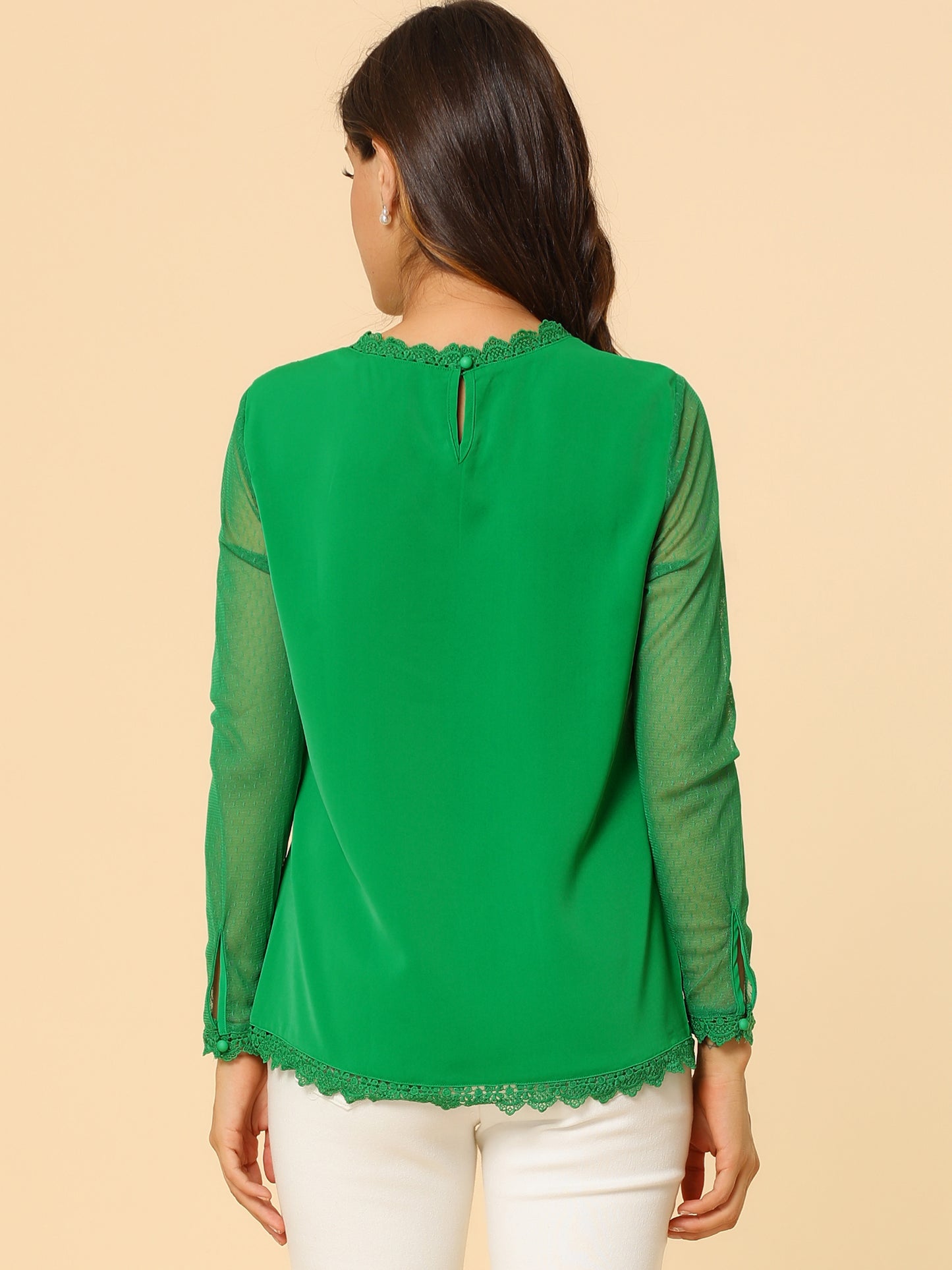 Women's Chiffon Top Elegant Sheer Mesh Lace Long Sleeve Blouse