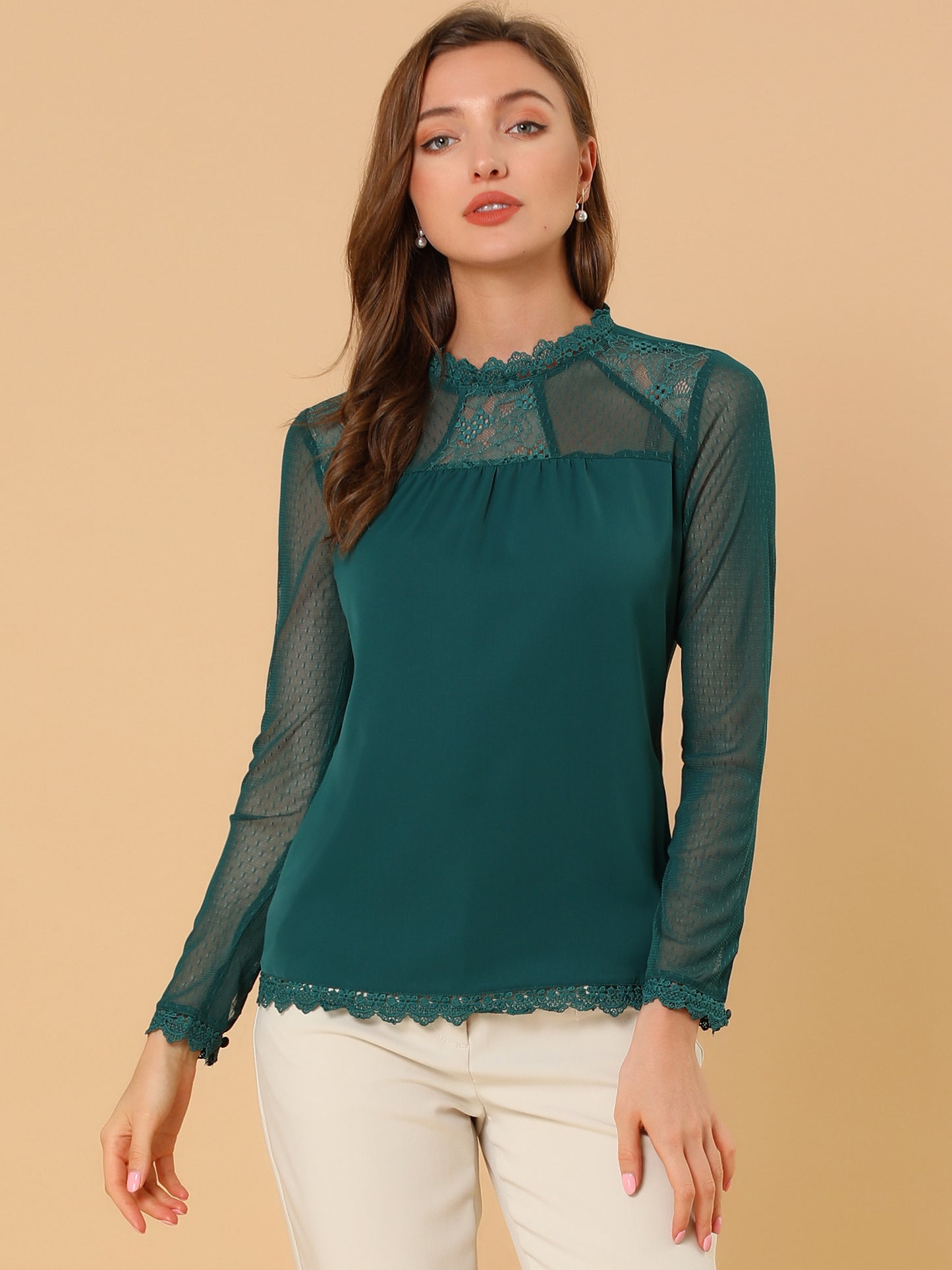 Women's Chiffon Top Elegant Sheer Mesh Lace Long Sleeve Blouse