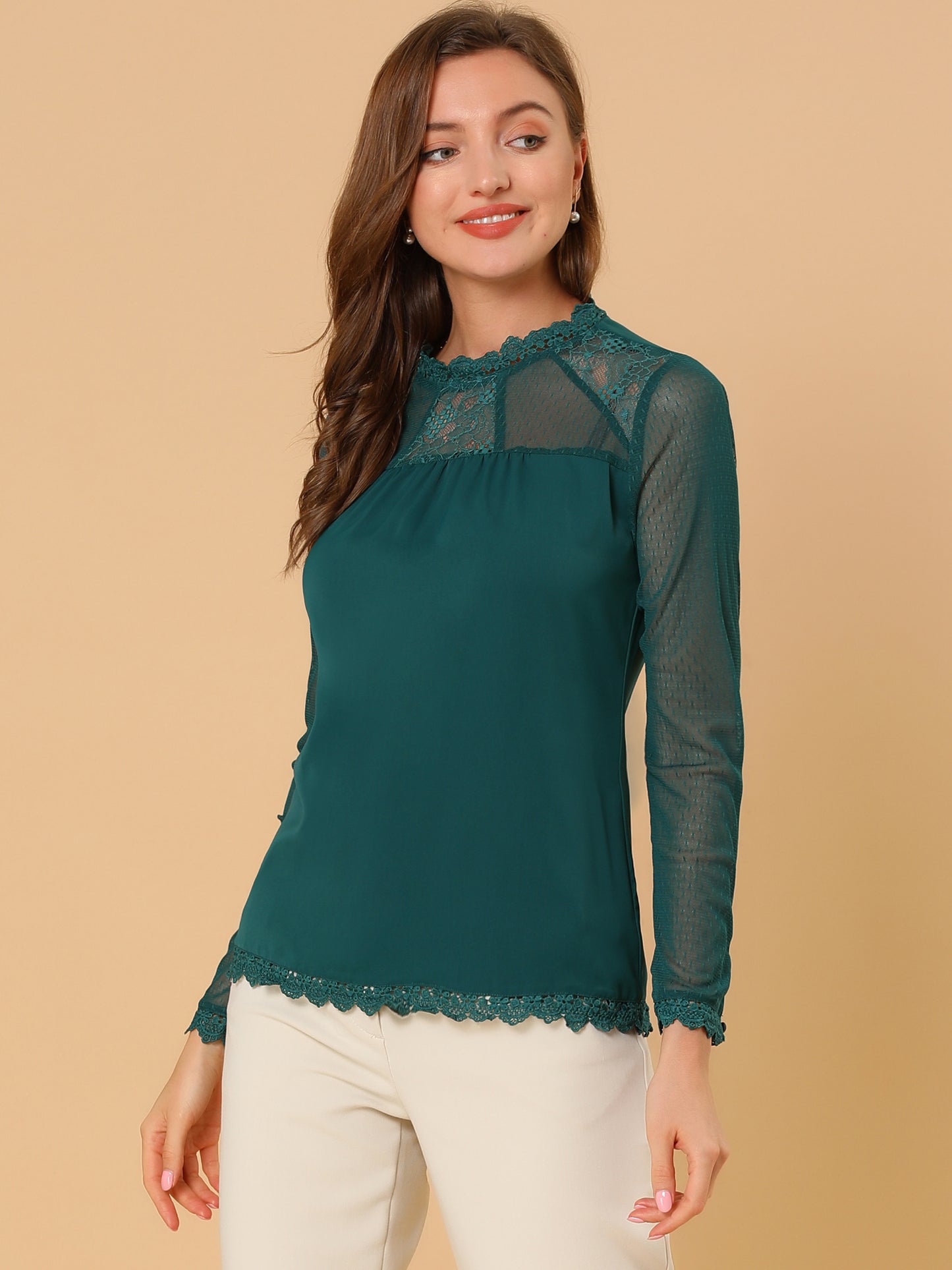 Women's Chiffon Top Elegant Sheer Mesh Lace Long Sleeve Blouse