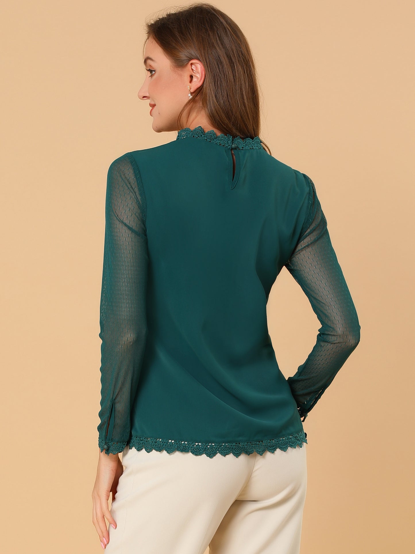 Women's Chiffon Top Elegant Sheer Mesh Lace Long Sleeve Blouse