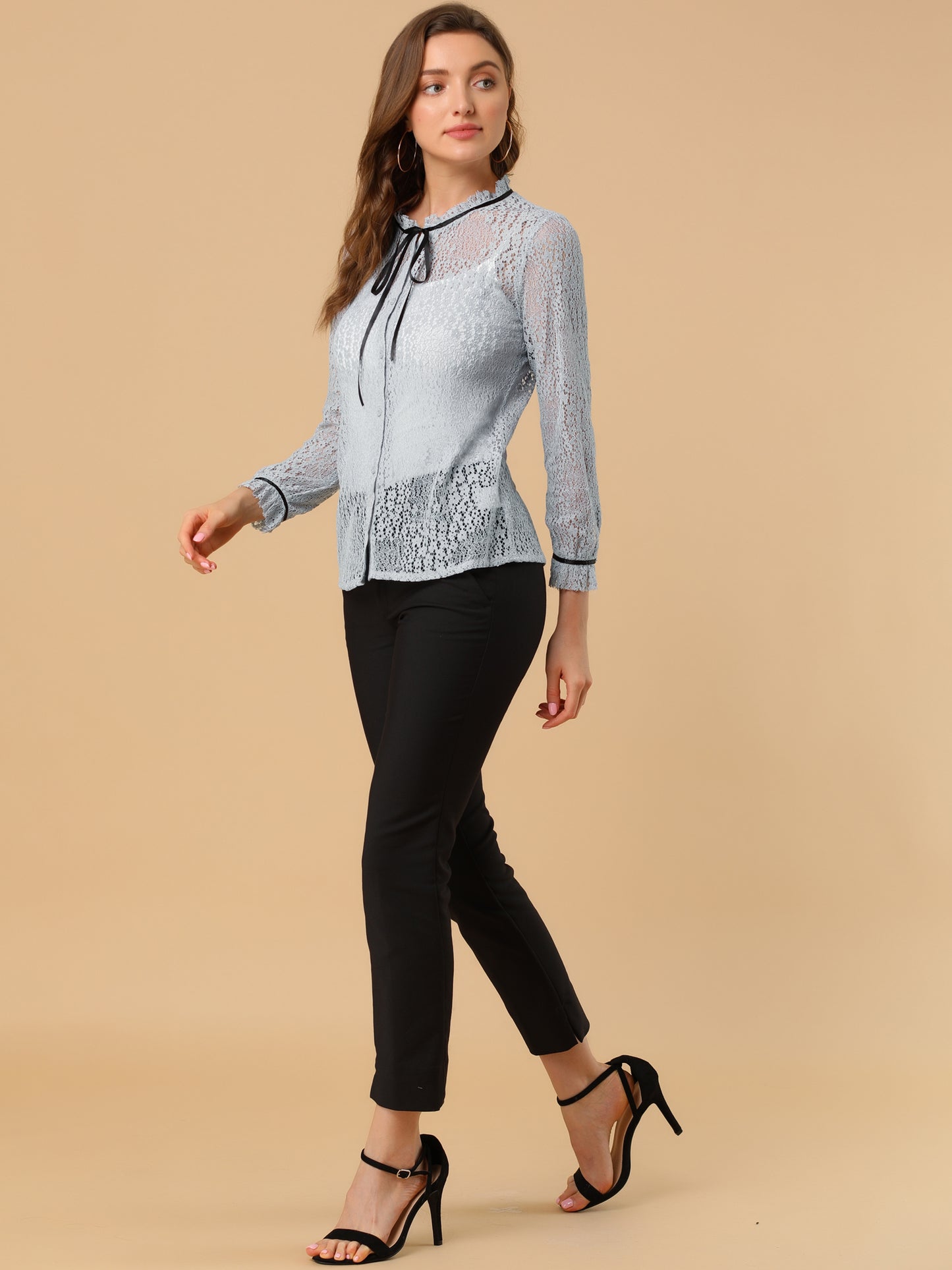 Women's Lace Top Floral Semi Sheer Long Sleeve Button Down Office Business Blouse