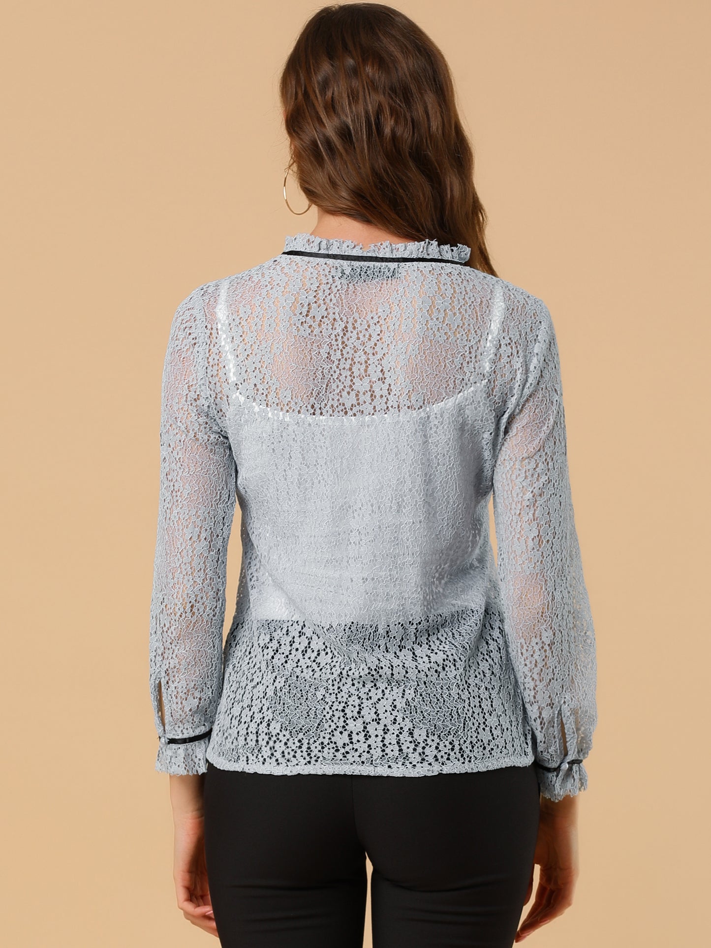 Women's Lace Top Floral Semi Sheer Long Sleeve Button Down Office Business Blouse