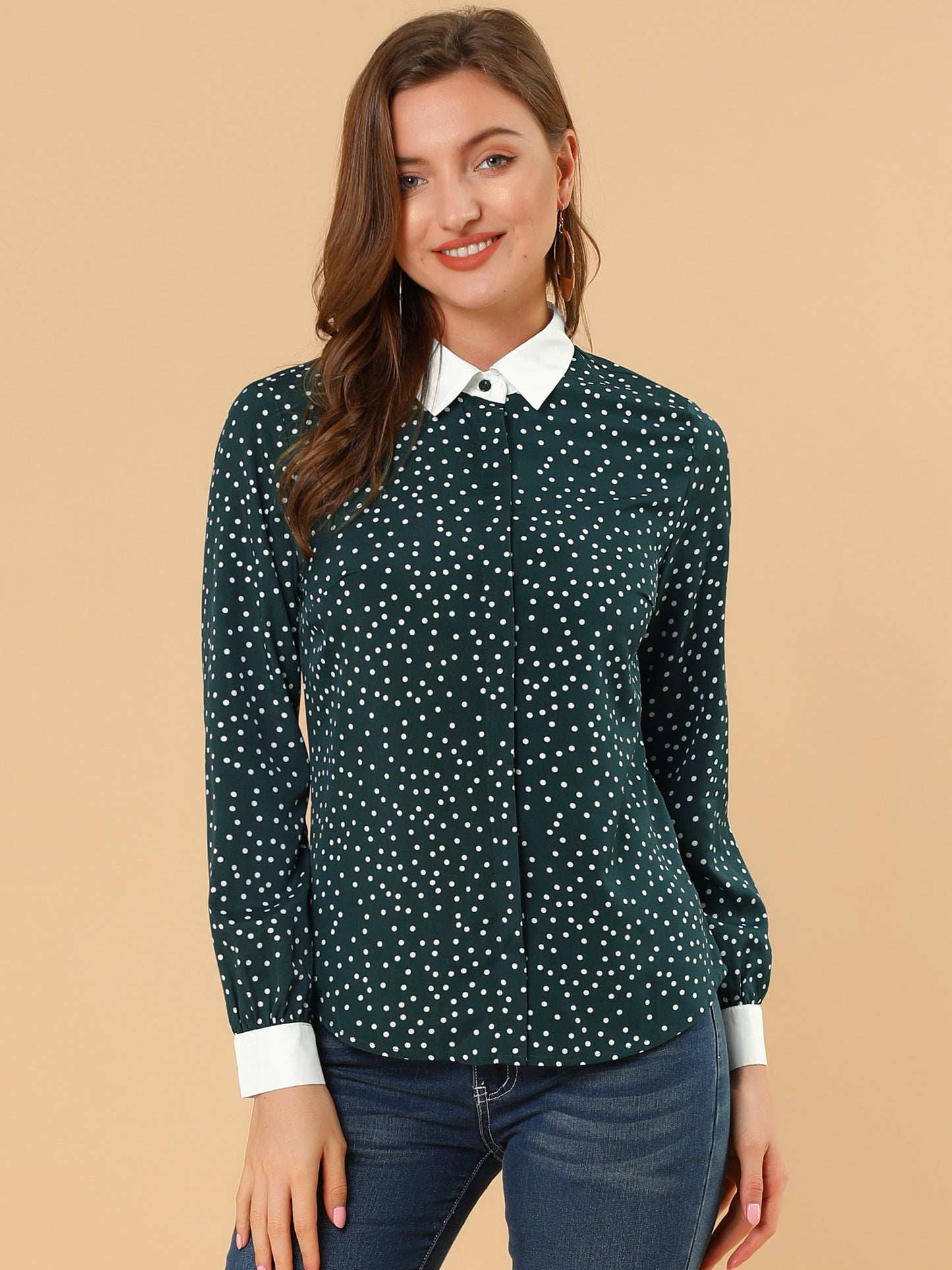 Women's Contrast Point Collar Dots Button Down Shirt