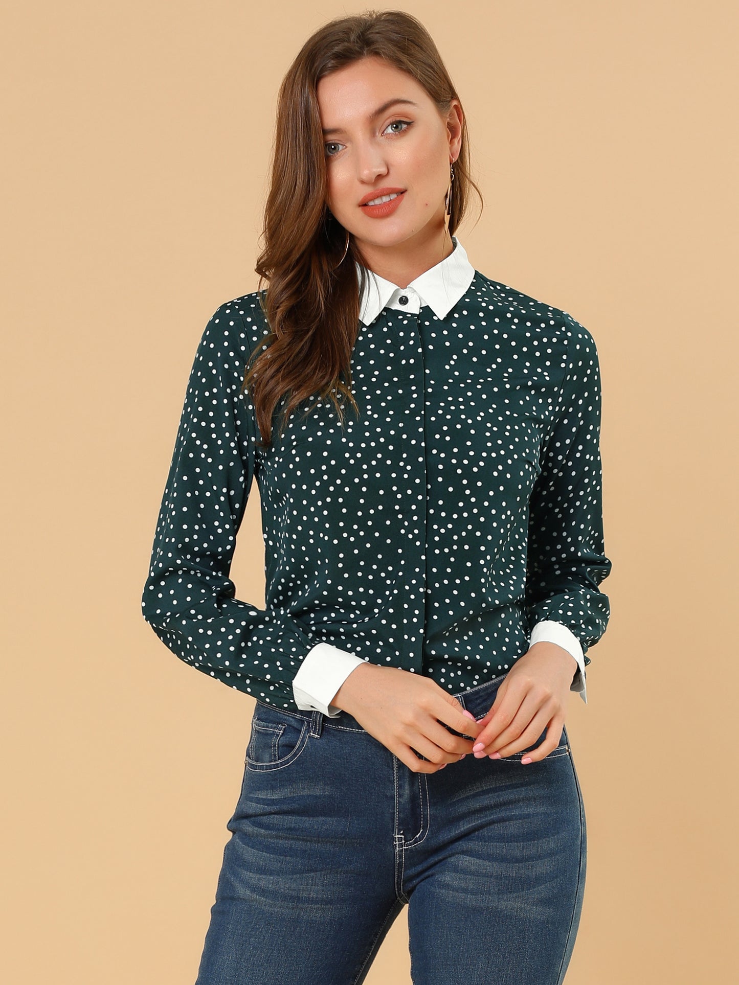 Women's Contrast Point Collar Dots Button Down Shirt