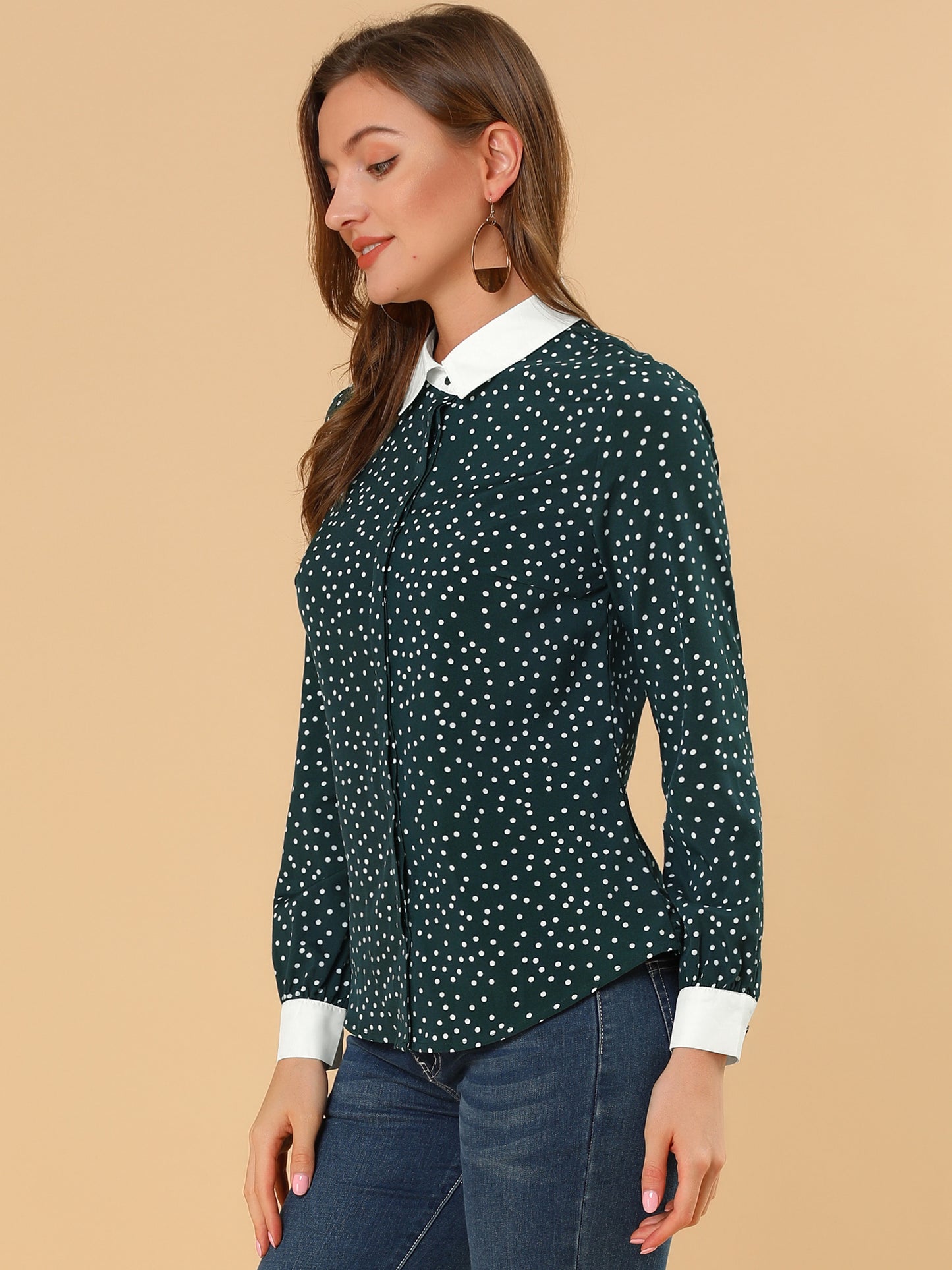 Women's Contrast Point Collar Dots Button Down Shirt