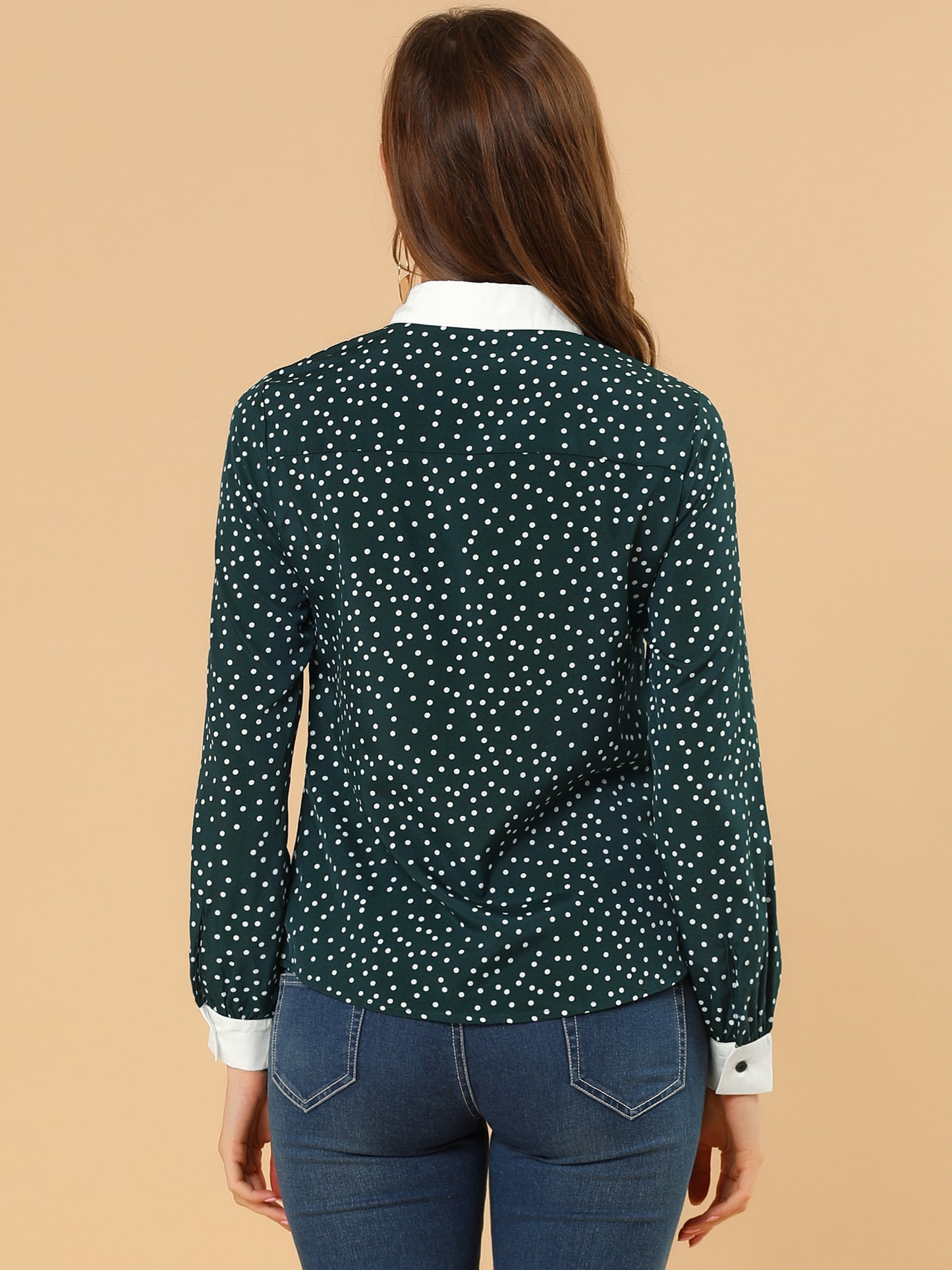 Women's Contrast Point Collar Dots Button Down Shirt