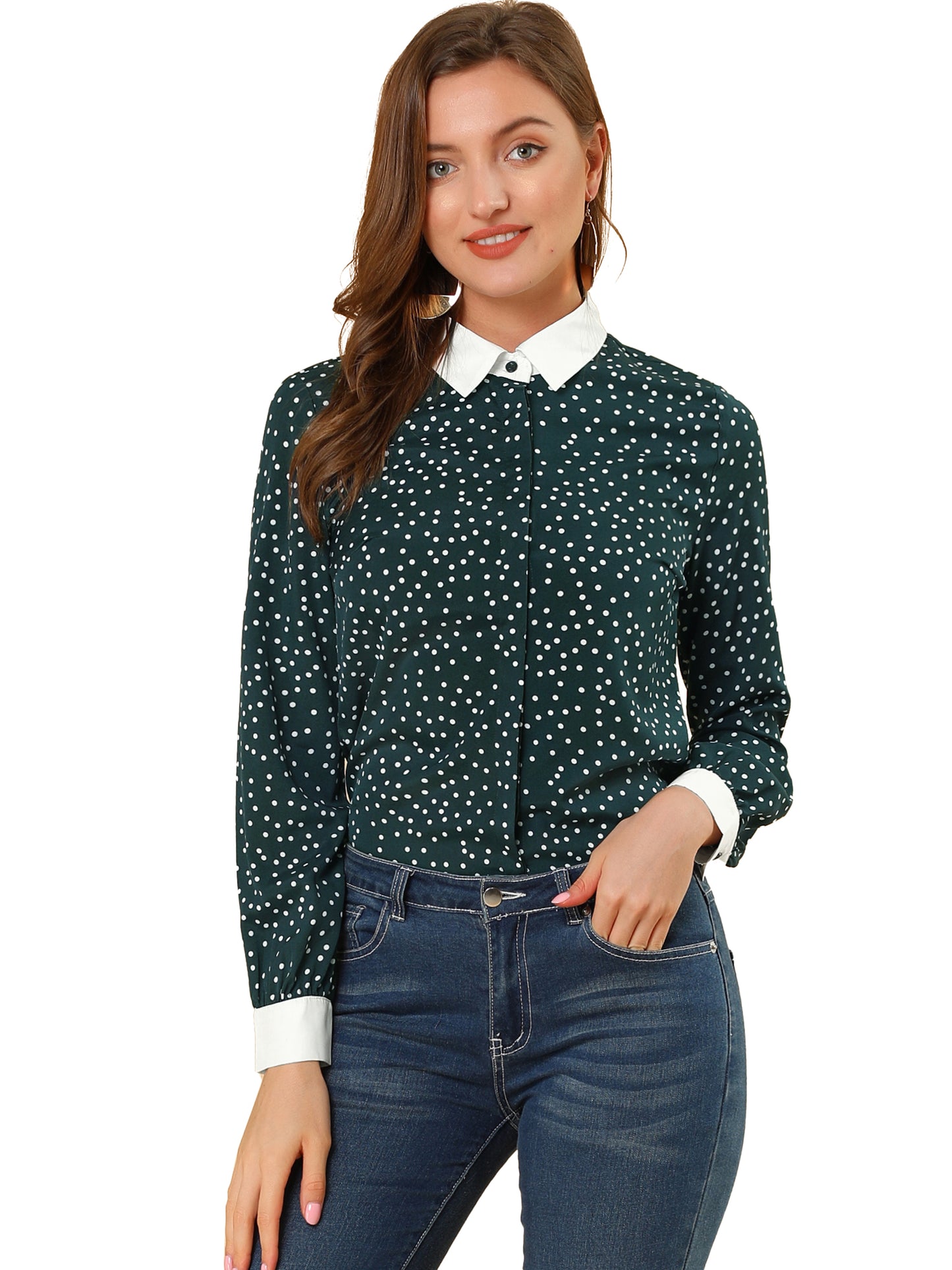 Women's Contrast Point Collar Dots Button Down Shirt