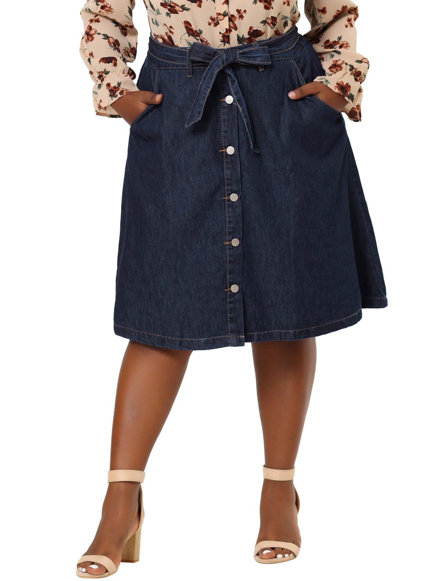 Women's Plus Size Denim Skirts Tie Waist A-Line with Pockets Midi Summer Jeans Skirt