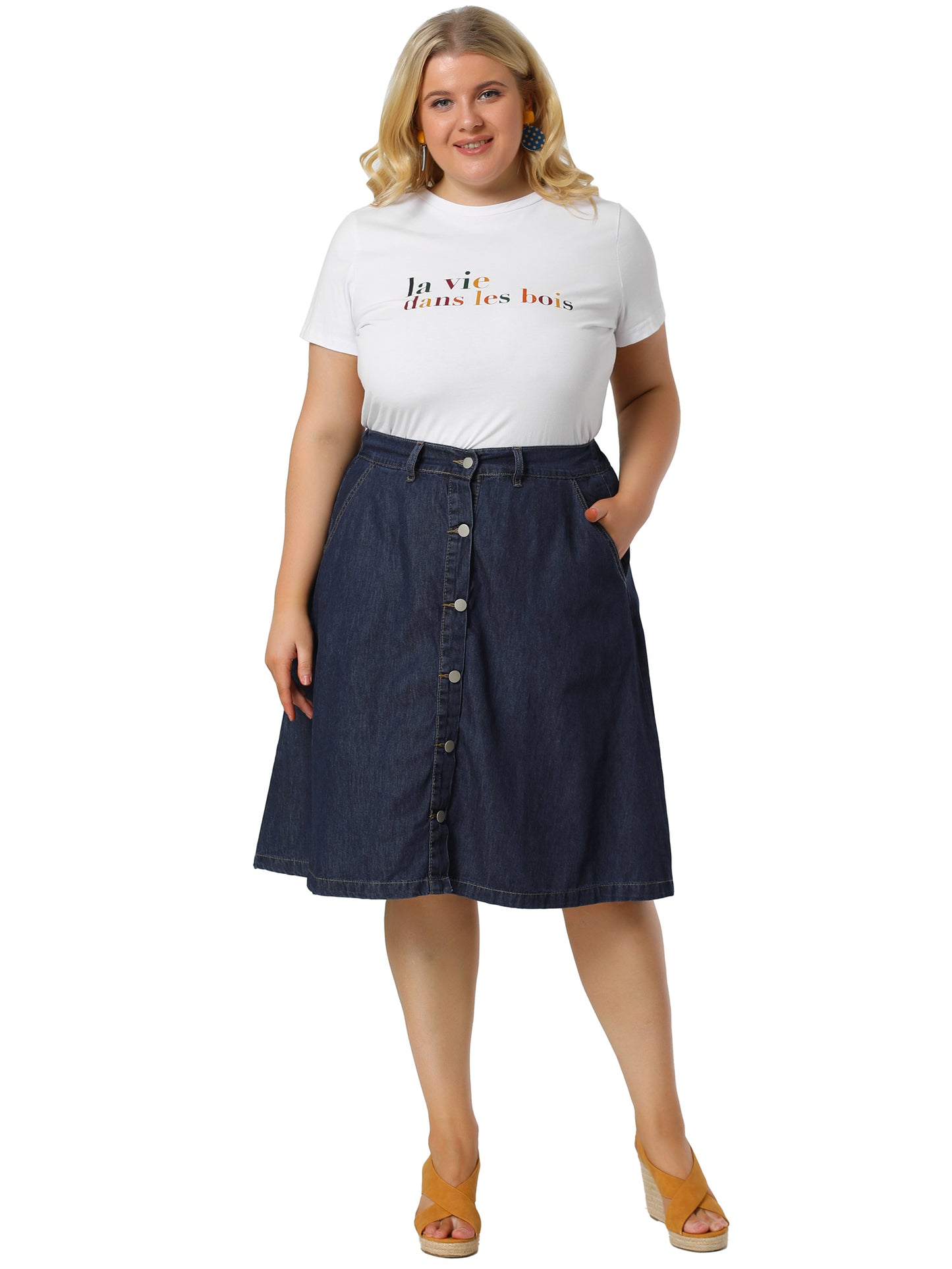 Women's Plus Size Denim Skirts Tie Waist A-Line with Pockets Midi Summer Jeans Skirt