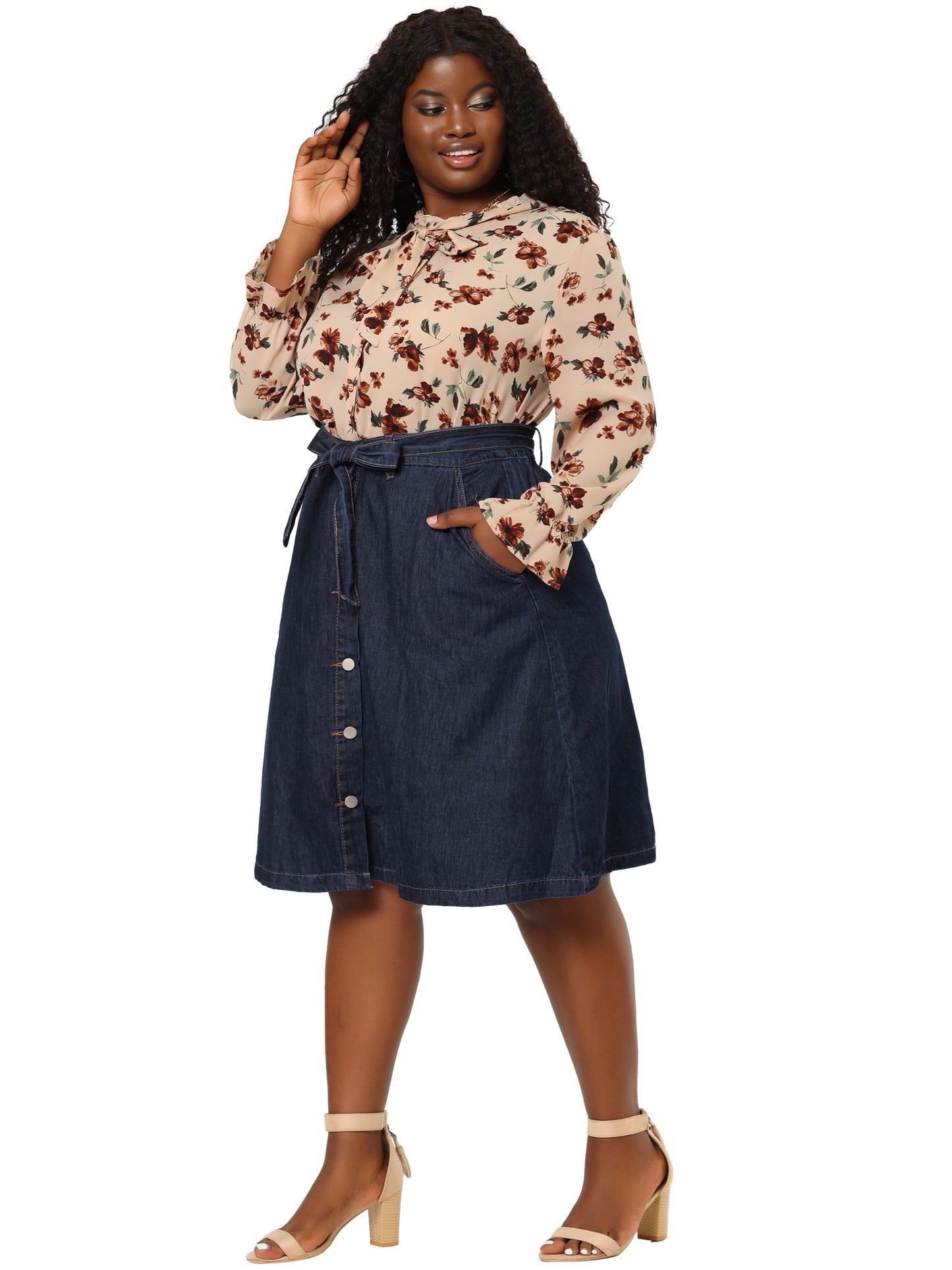 Women's Plus Size Denim Skirts Tie Waist A-Line with Pockets Midi Summer Jeans Skirt