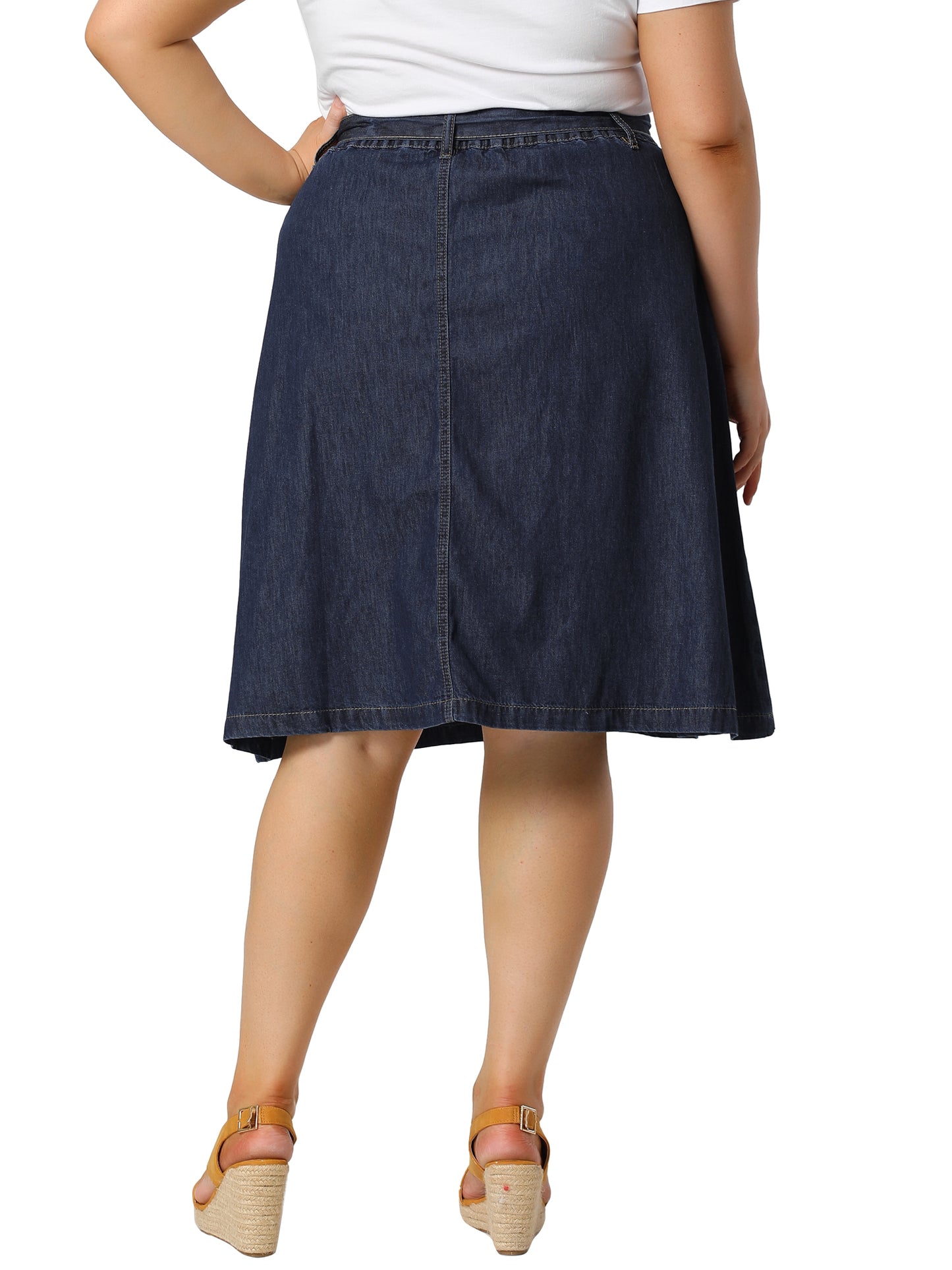 Women's Plus Size Denim Skirts Tie Waist A-Line with Pockets Midi Summer Jeans Skirt