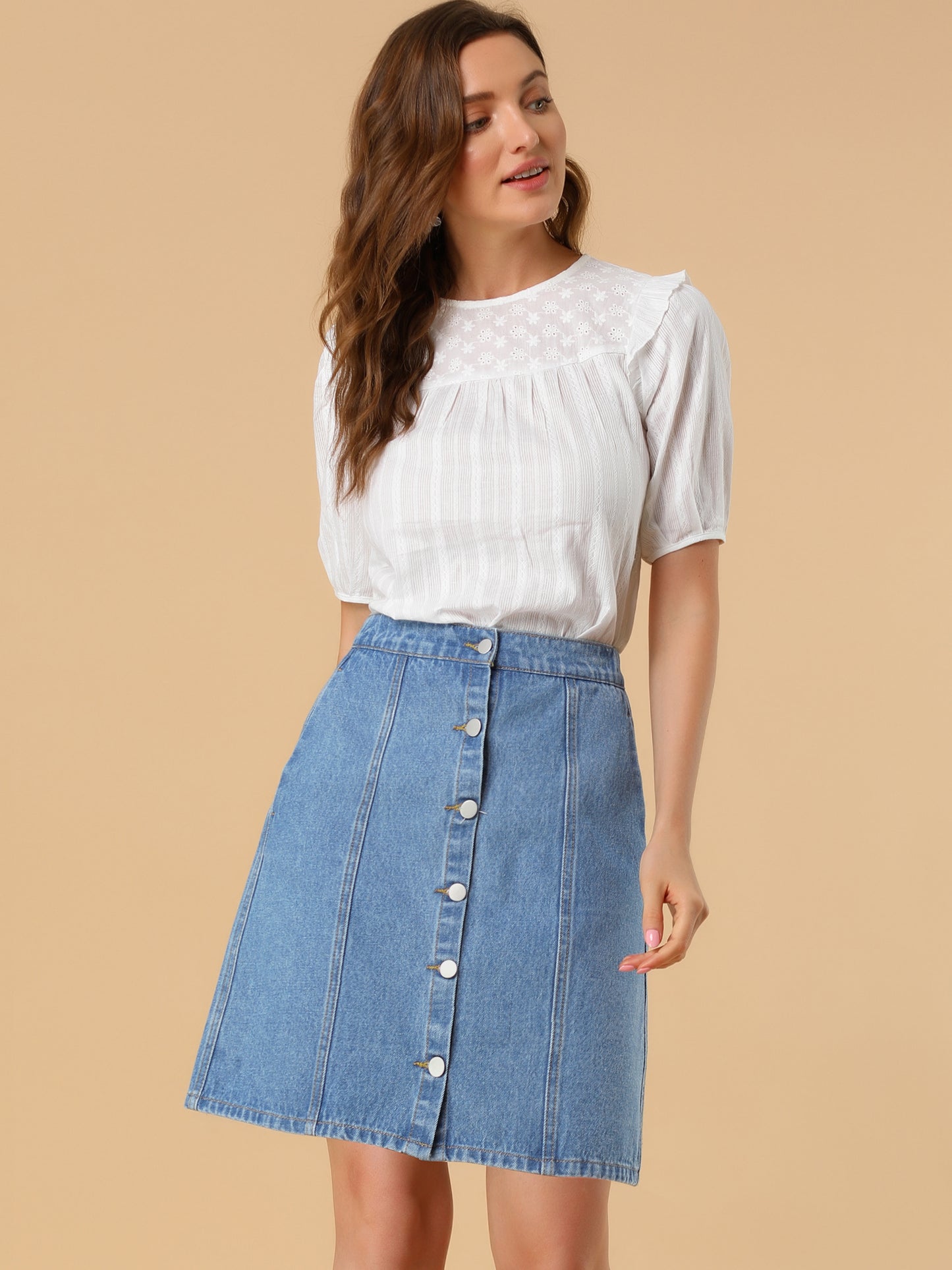 Women's Denim Skirts Summer Casual A-Line Short Button Down Jean Skirt (Available in Plus Size)