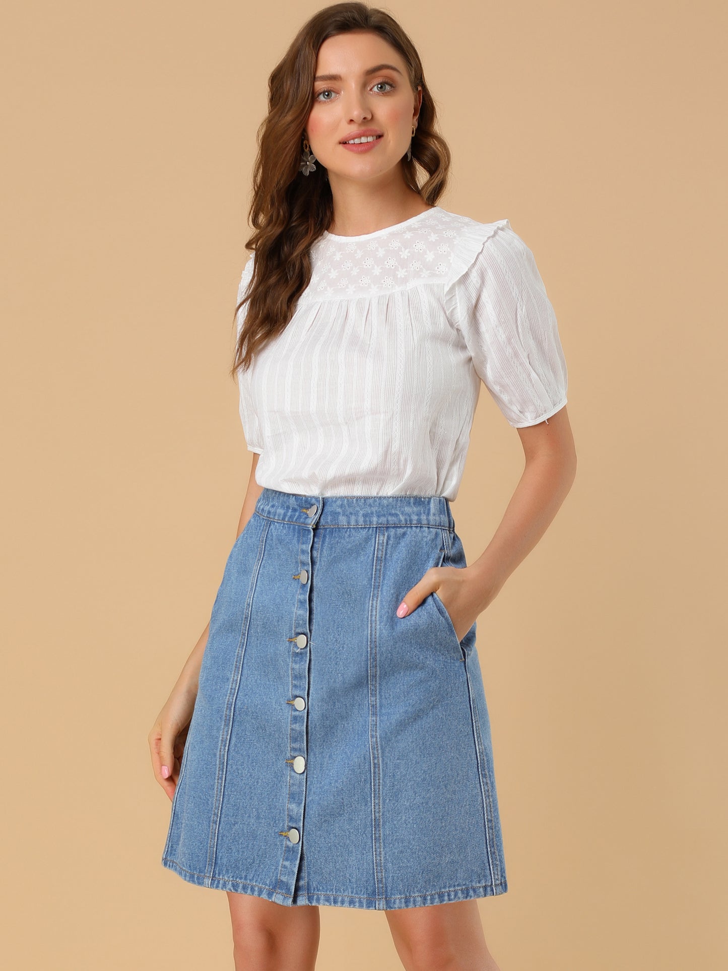 Women's Denim Skirts Summer Casual A-Line Short Button Down Jean Skirt (Available in Plus Size)