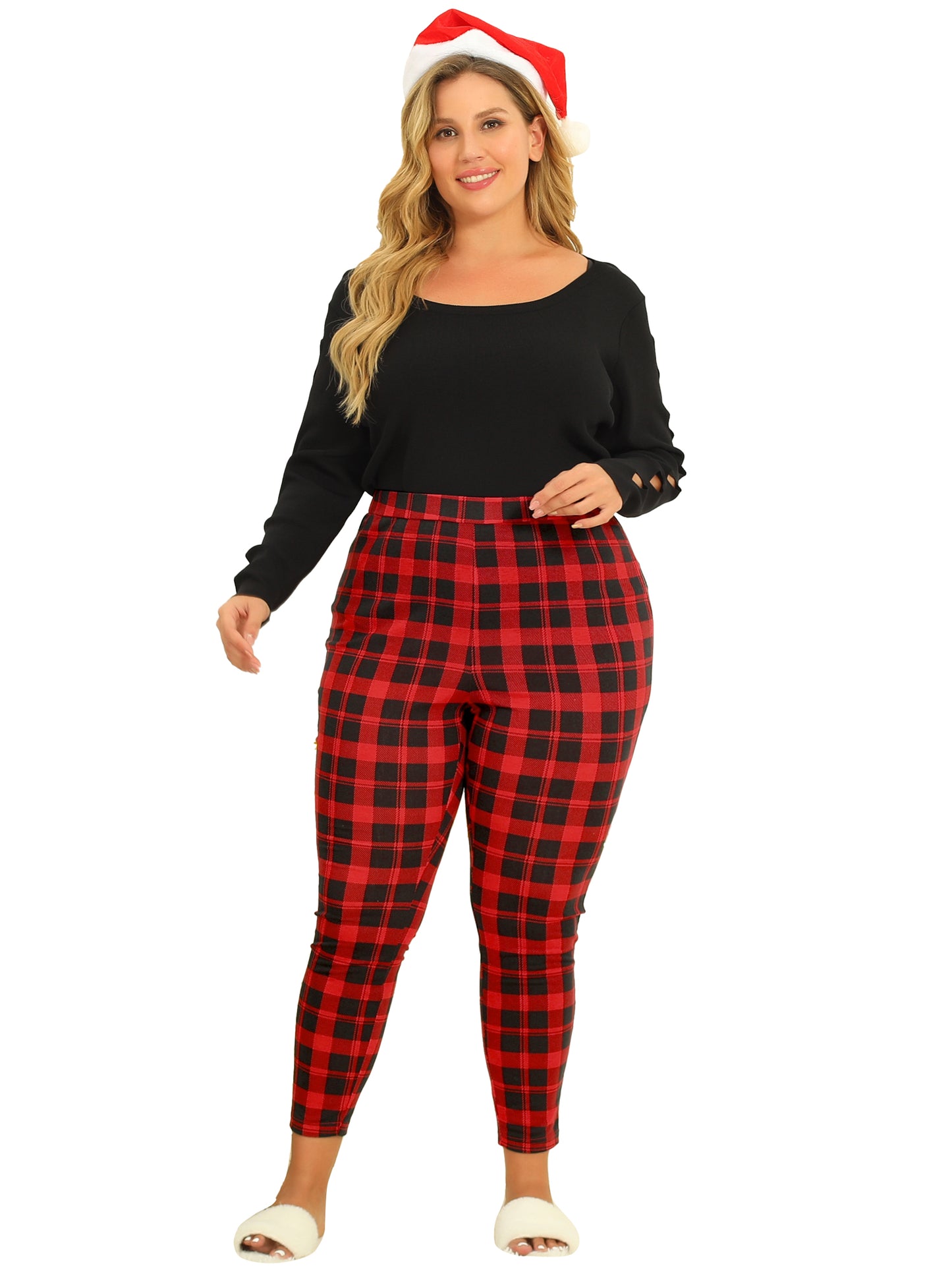 Women Plus Size Check Leggings Stretch Festive Glen Plaid Skinny Pant Legging Christmas