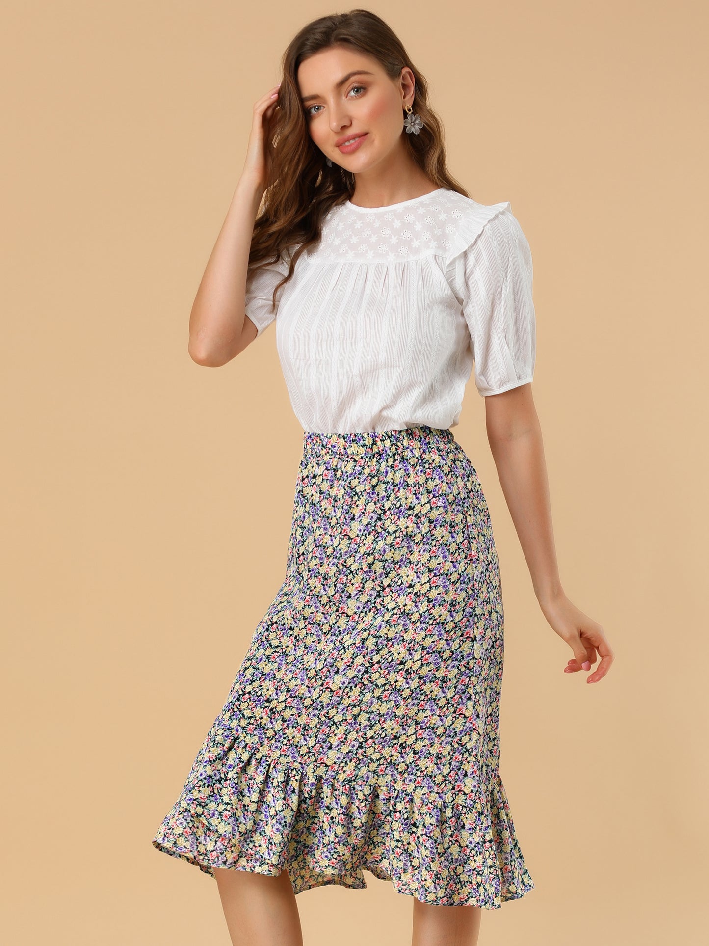 Women's Summer Floral Skirt Elastic Waist High Low Ruffle Hem Midi Skirt