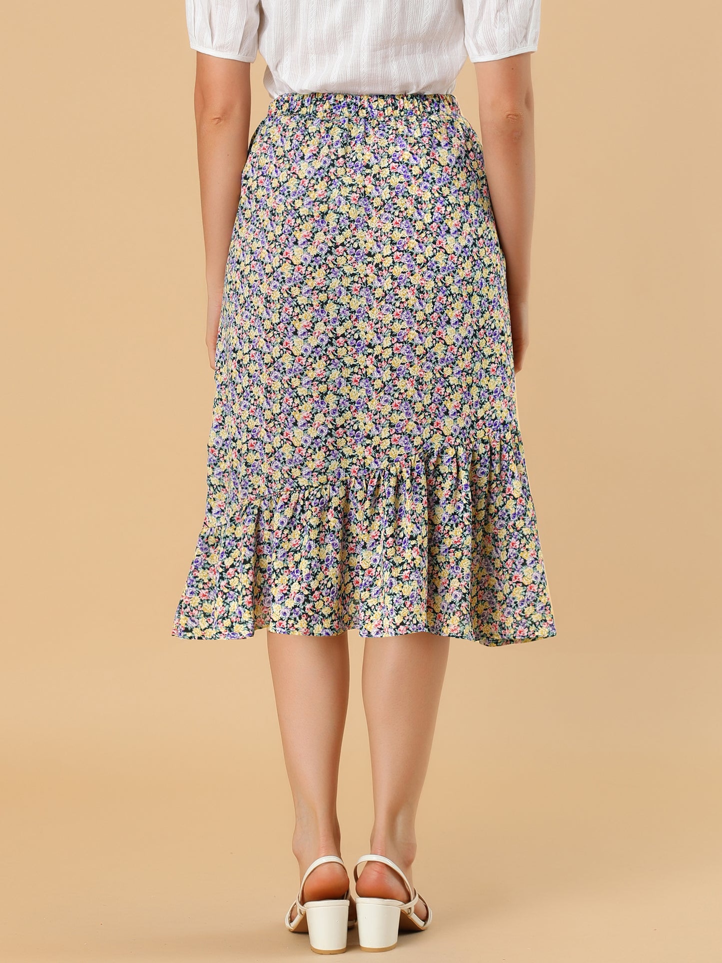 Women's Summer Floral Skirt Elastic Waist High Low Ruffle Hem Midi Skirt