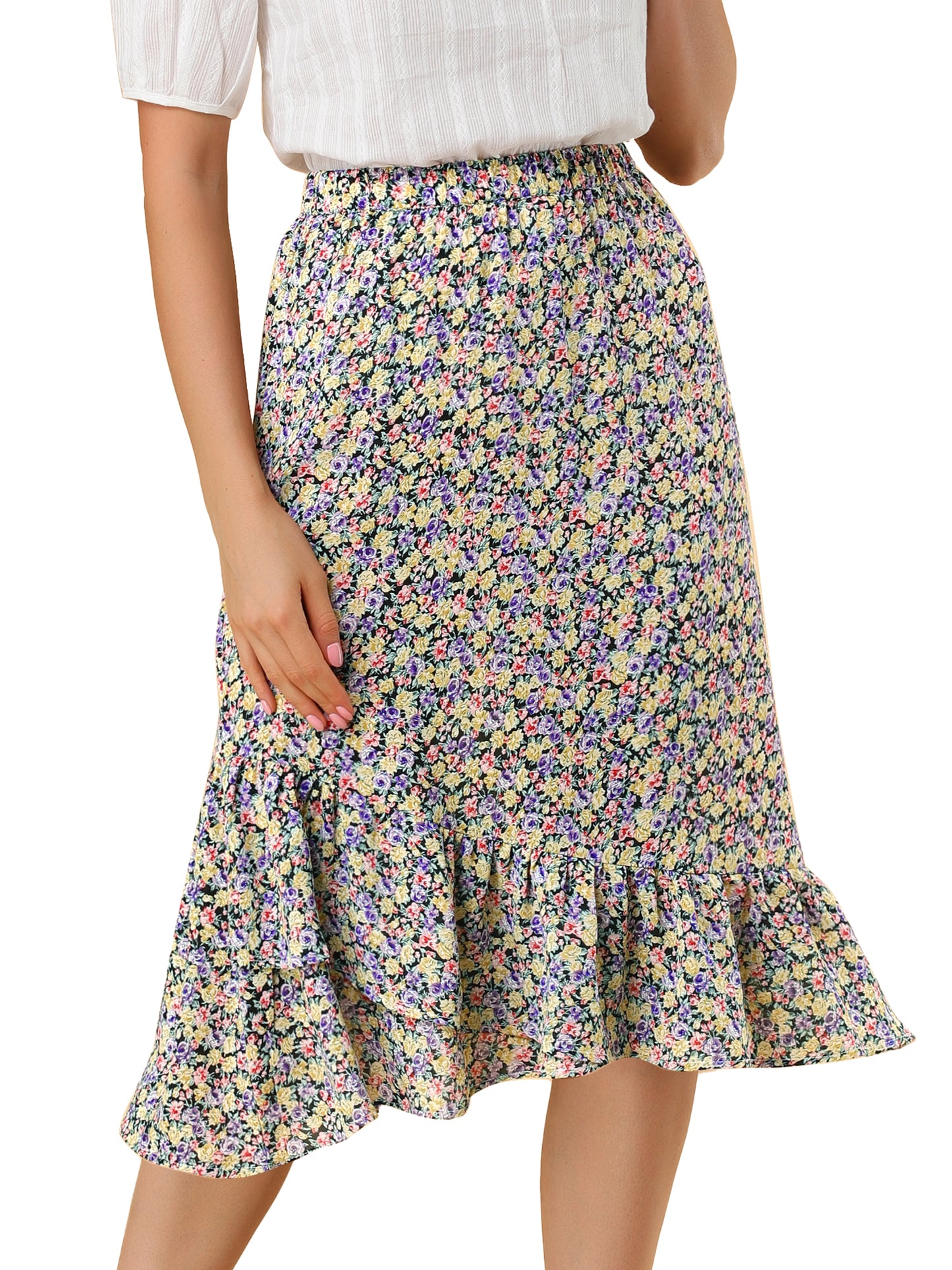 Women's Summer Floral Skirt Elastic Waist High Low Ruffle Hem Midi Skirt