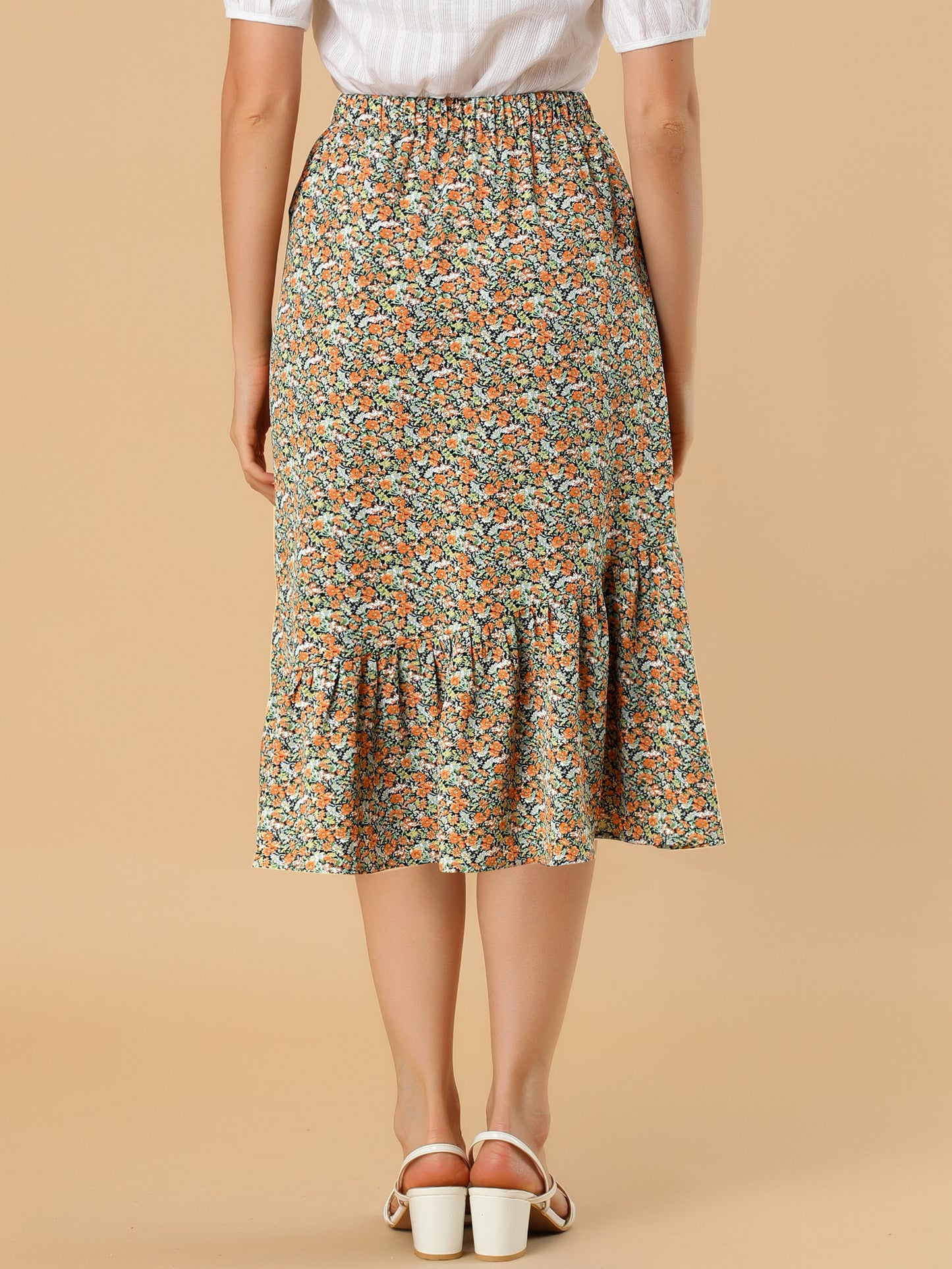 Falda floral de verano para mujer, cintura elástica, dobladillo alto y bajo con volantes, falda midi