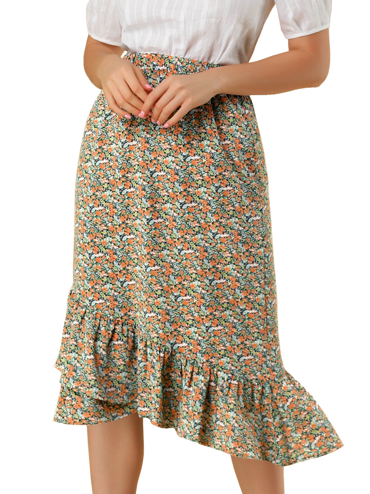 Falda floral de verano para mujer, cintura elástica, dobladillo alto y bajo con volantes, falda midi