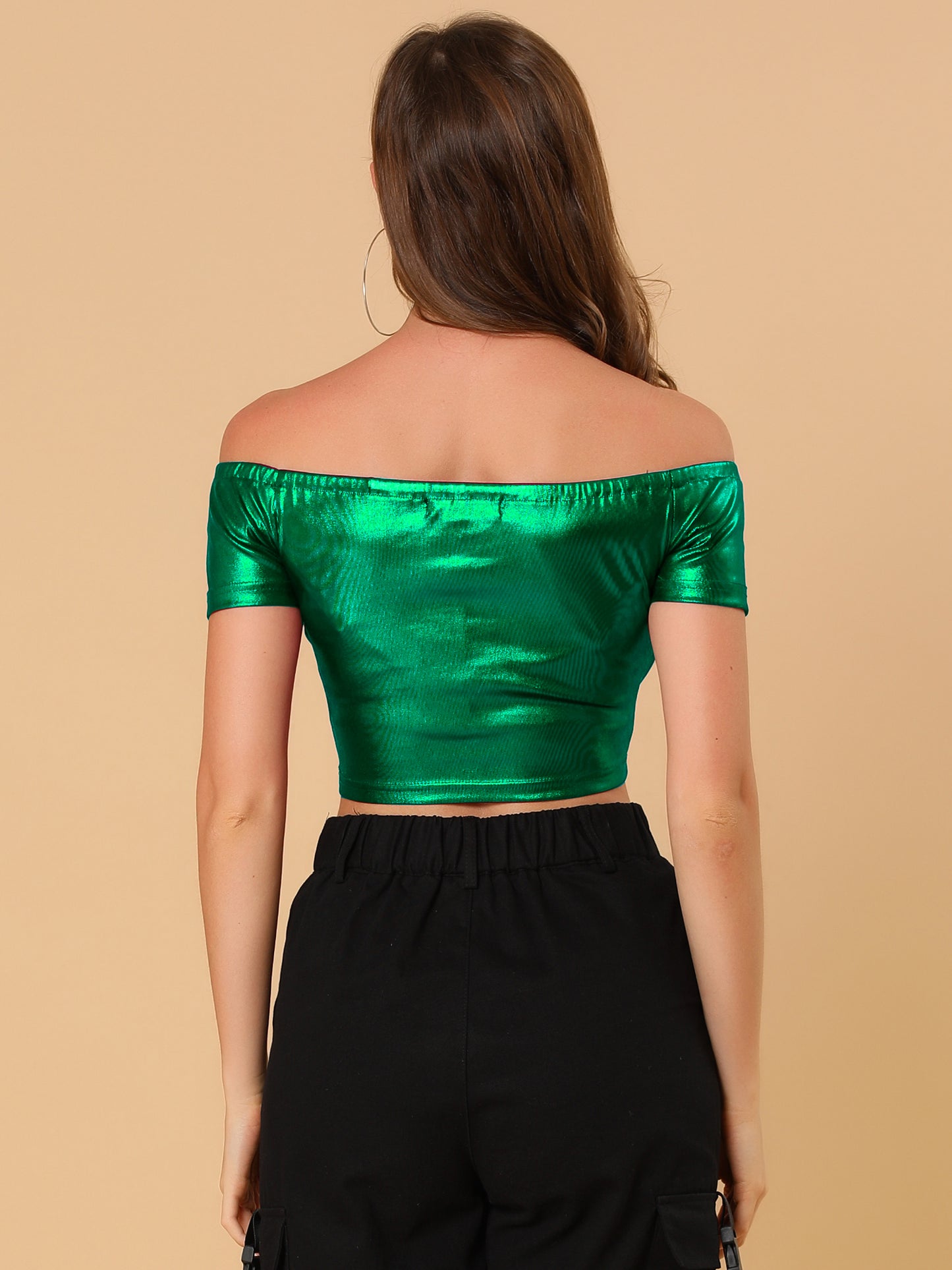 Women's Off Shoulder Party Club Slim Fit Shiny Metallic Crop Top