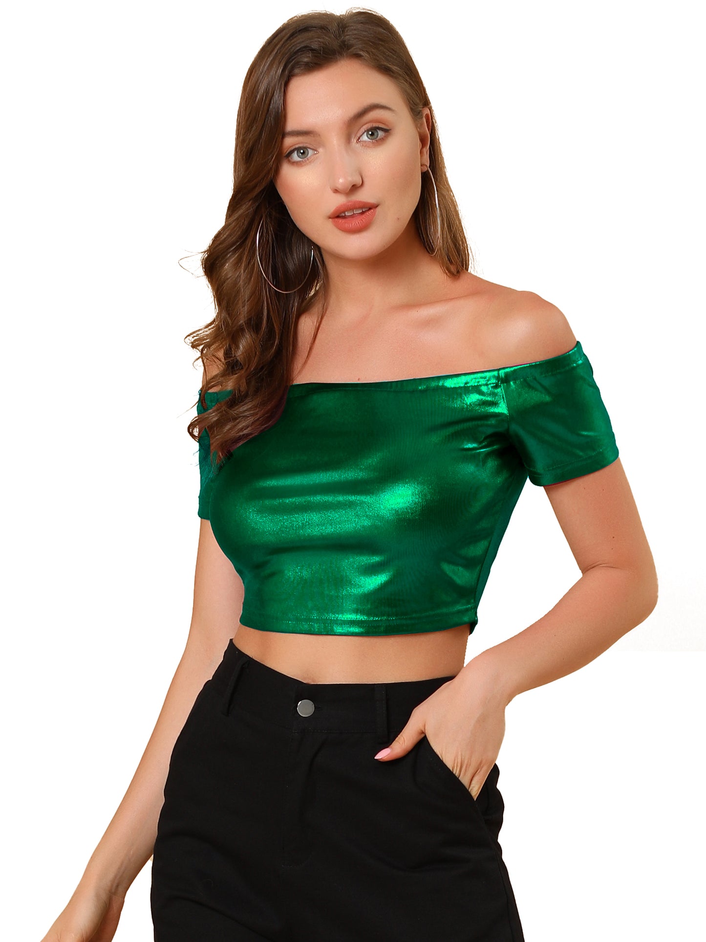 Women's Off Shoulder Party Club Slim Fit Shiny Metallic Crop Top