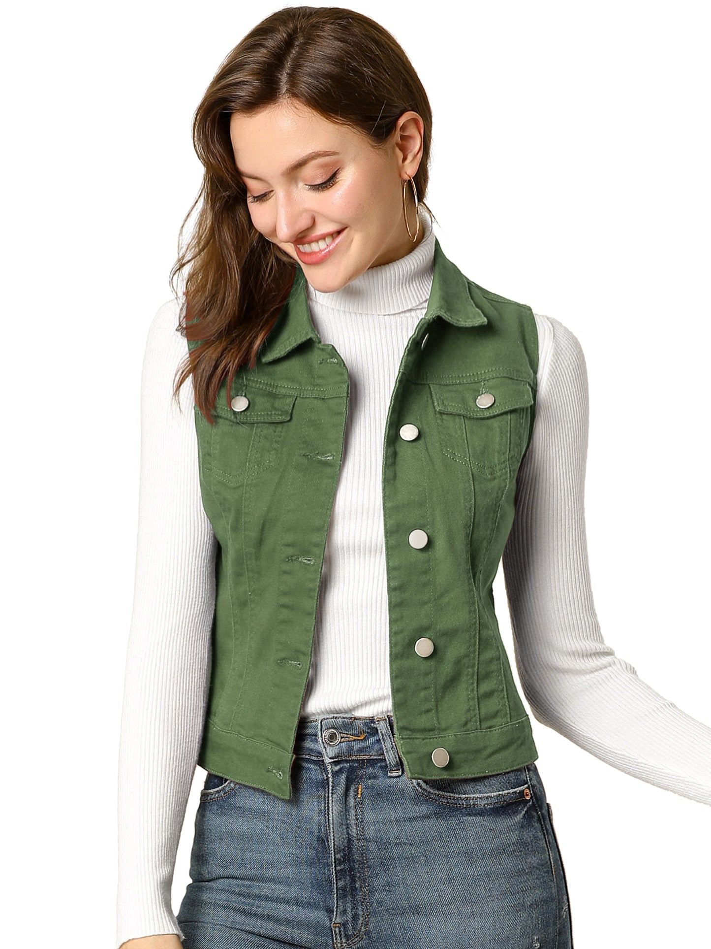 Women's Buttoned Washed Denim Vest Jacket W Chest Flap Pockets (Available in Plus Size)