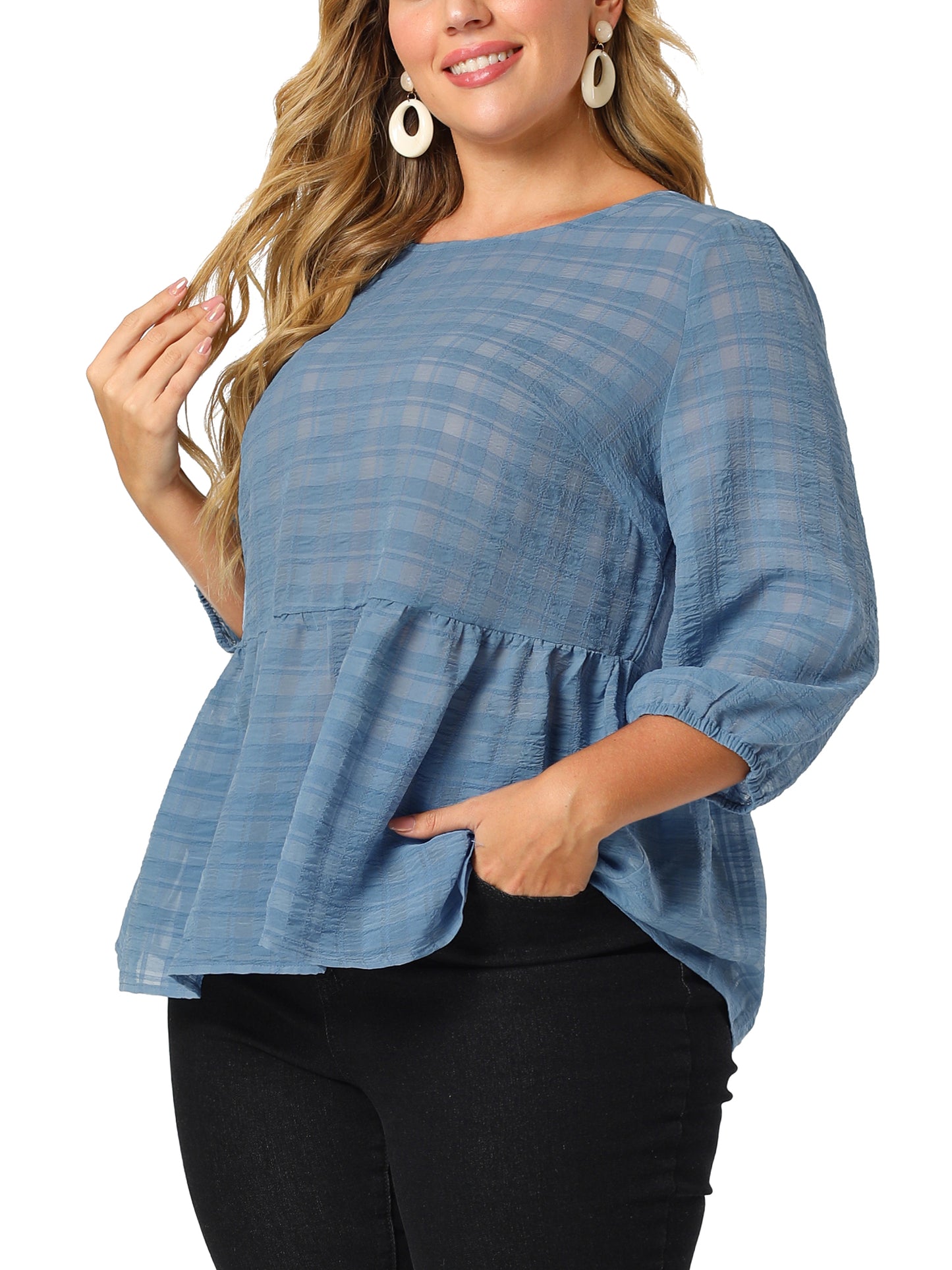Women Plus Size Babydoll Blouse Round Neck 3/4 Puff Sleeve Tiered Lace Peplum Top