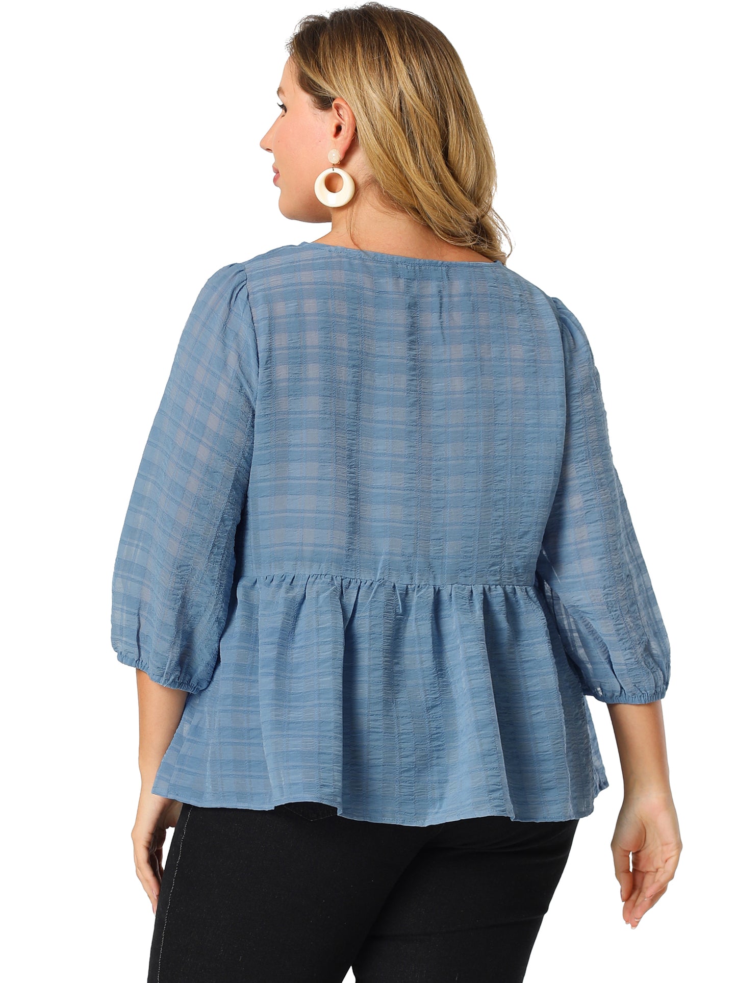 Women Plus Size Babydoll Blouse Round Neck 3/4 Puff Sleeve Tiered Lace Peplum Top