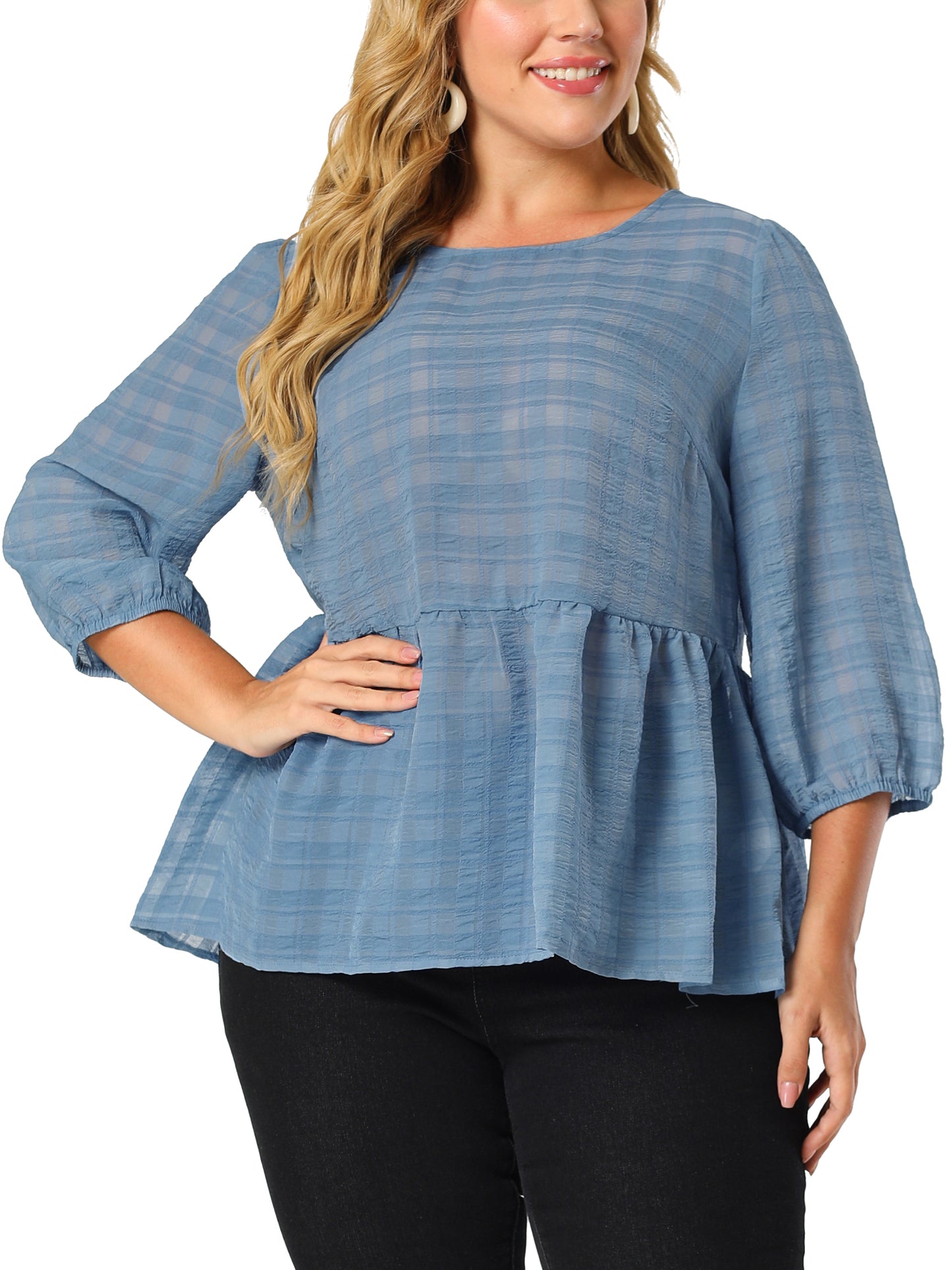 Women Plus Size Babydoll Blouse Round Neck 3/4 Puff Sleeve Tiered Lace Peplum Top