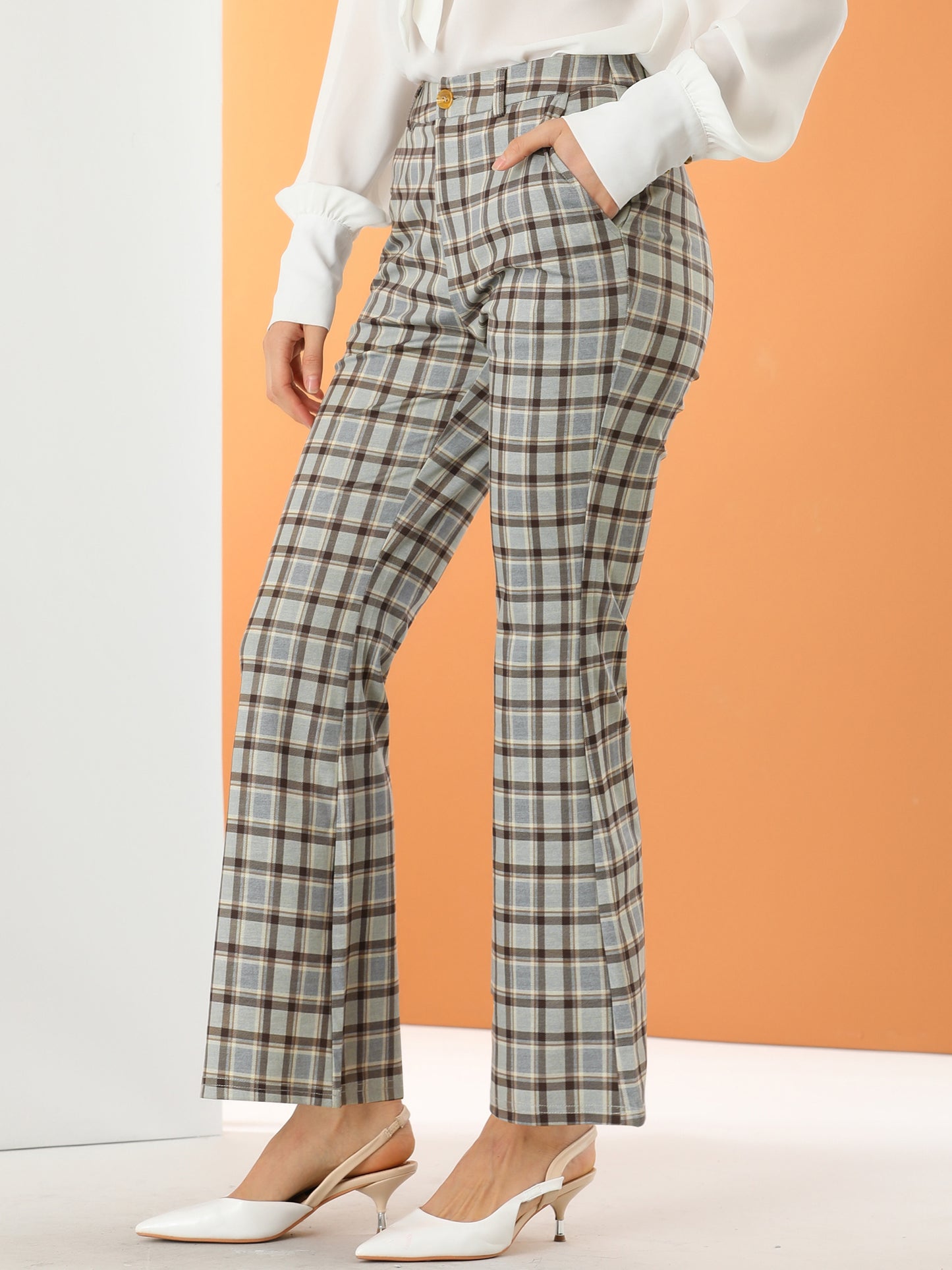 Women's Plaid Pants Elastic Waist Bussiness Casual Work Office Long Trousers
