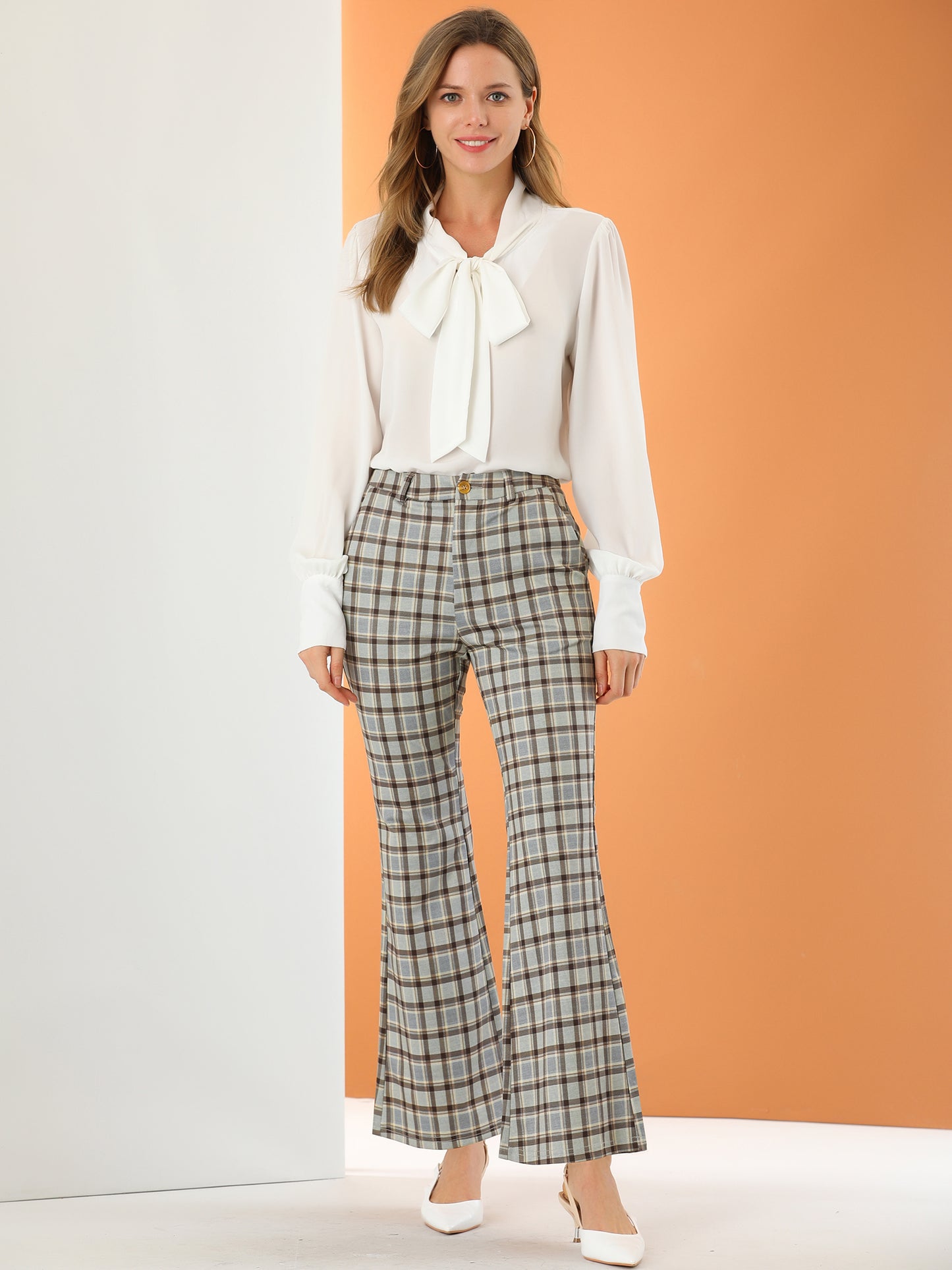 Women's Plaid Pants Elastic Waist Bussiness Casual Work Office Long Trousers