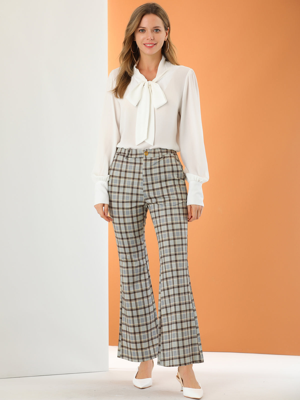 Women's Plaid Pants Elastic Waist Bussiness Casual Work Office Long Trousers
