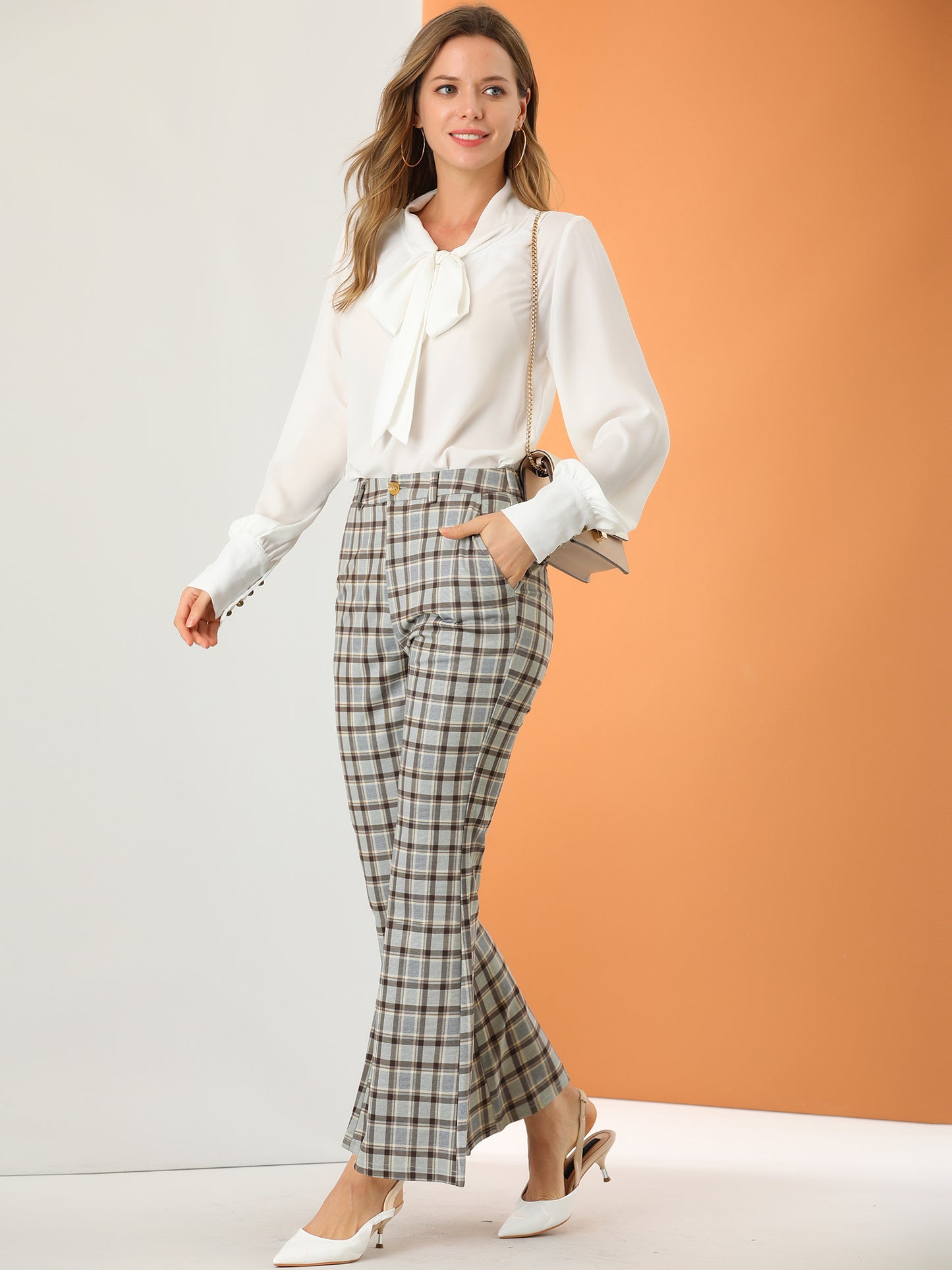 Women's Plaid Pants Elastic Waist Bussiness Casual Work Office Long Trousers