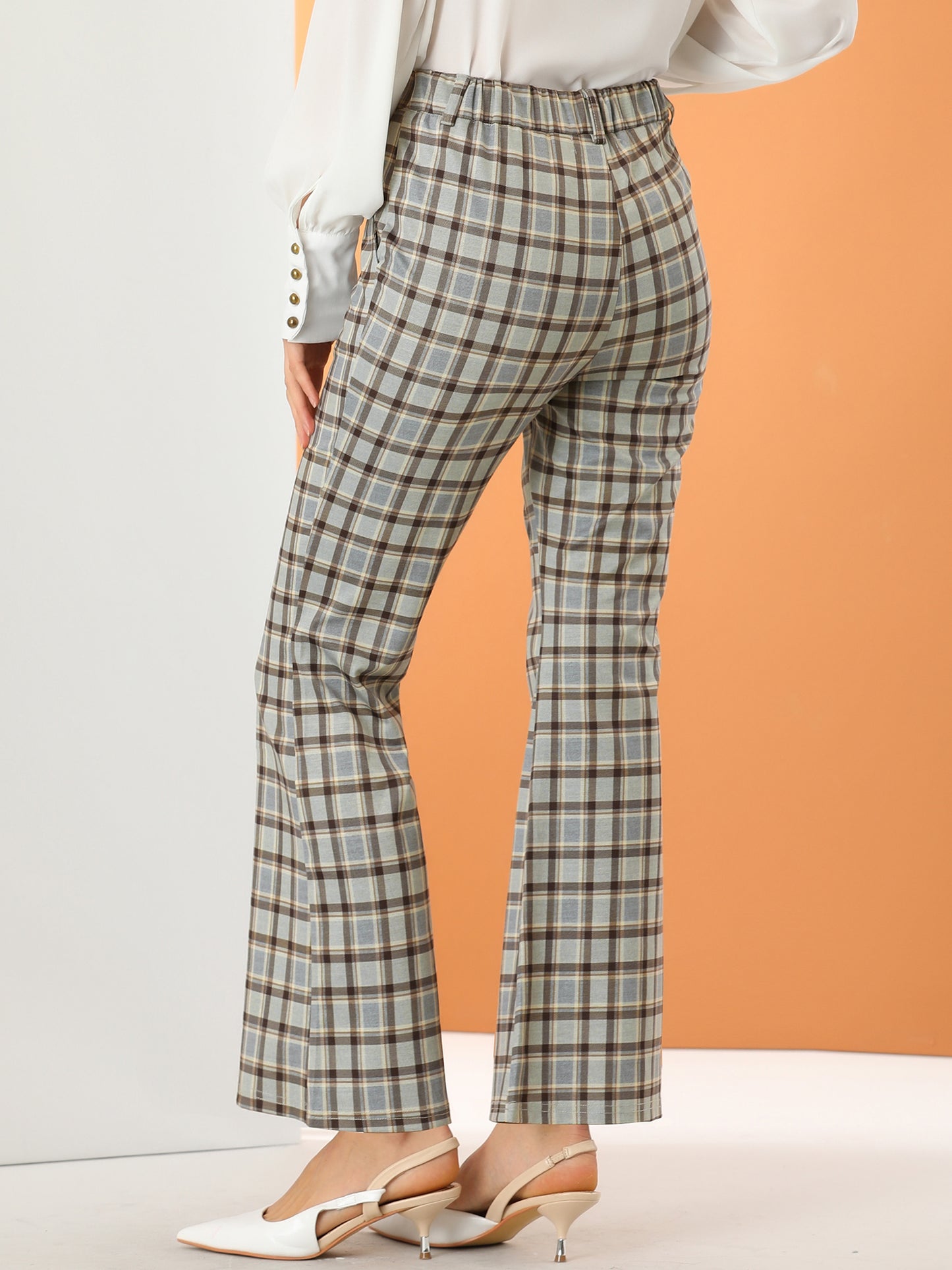 Women's Plaid Pants Elastic Waist Bussiness Casual Work Office Long Trousers