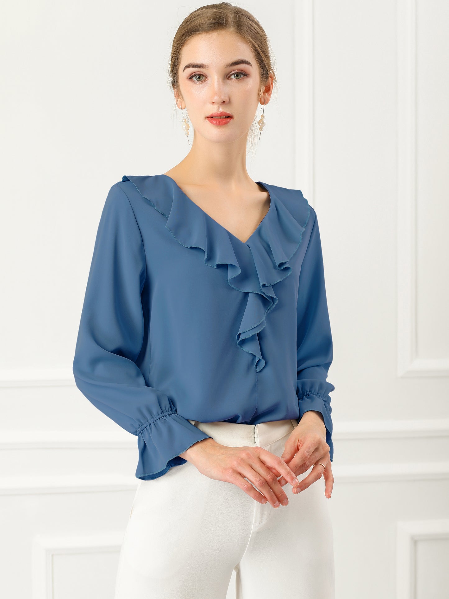 Women's Ruffle Blouse Elegant V Neck Long Sleeve Casual Dressy Top (Available in Plus Size)