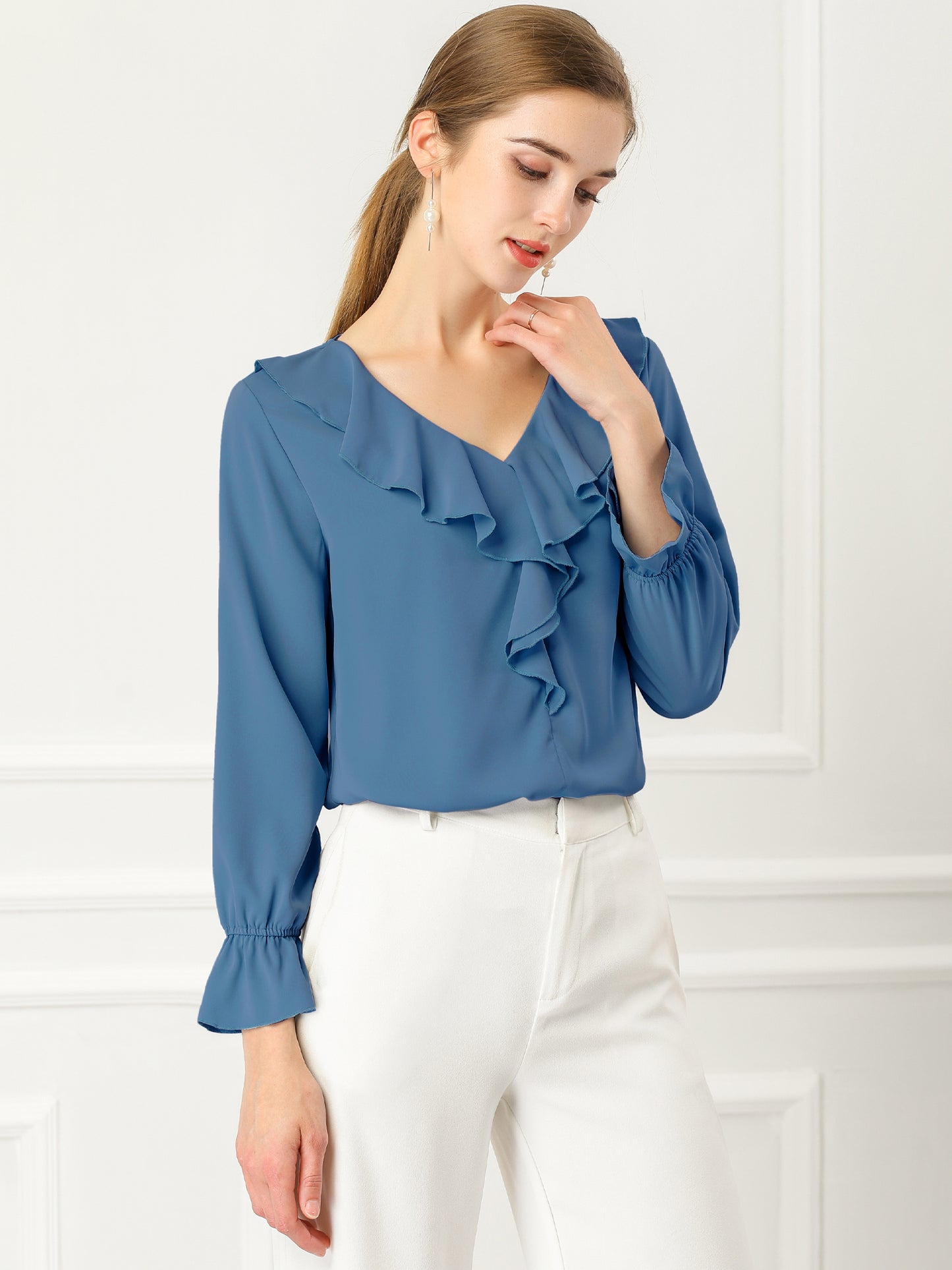 Women's Ruffle Blouse Elegant V Neck Long Sleeve Casual Dressy Top (Available in Plus Size)