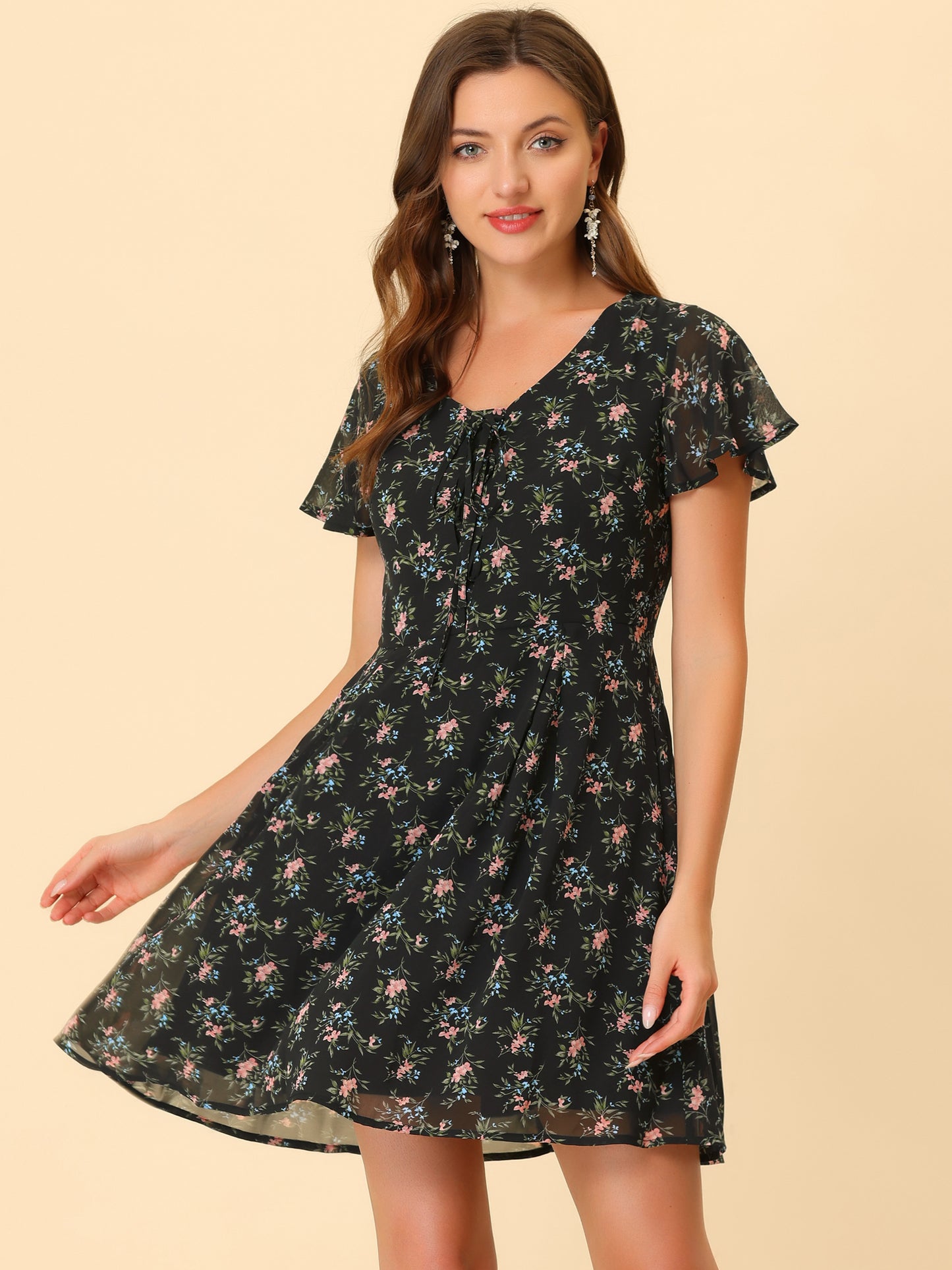 Women Floral Lace-Up V-Neck Flouncing Sleeve Chiffon A-Line Dress