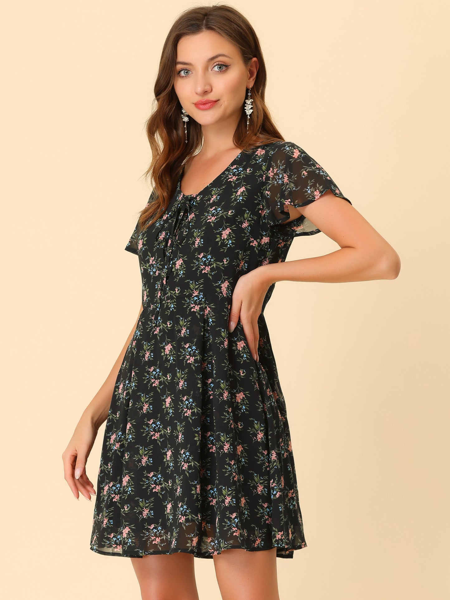Women Floral Lace-Up V-Neck Flouncing Sleeve Chiffon A-Line Dress