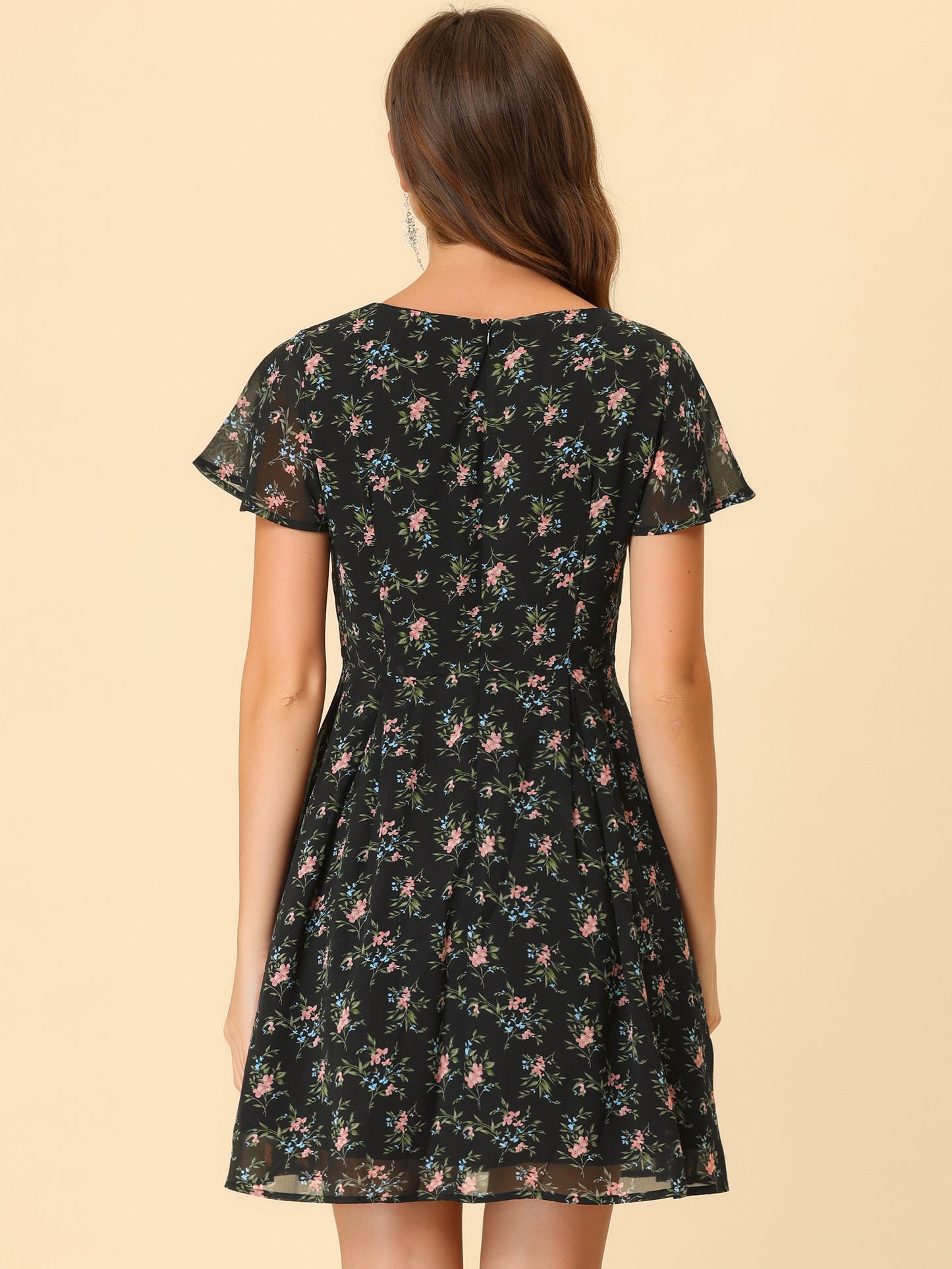 Women Floral Lace-Up V-Neck Flouncing Sleeve Chiffon A-Line Dress