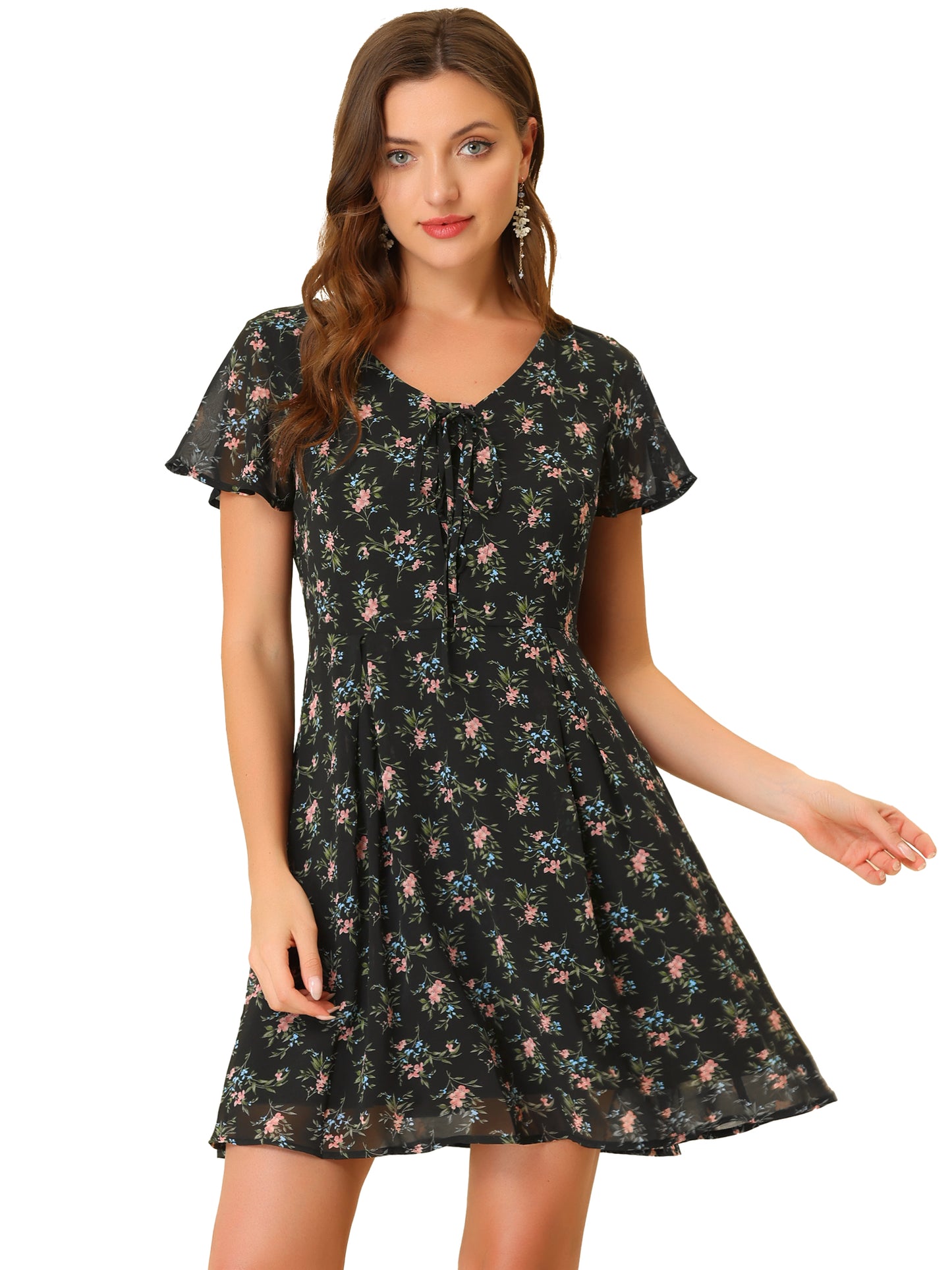 Women Floral Lace-Up V-Neck Flouncing Sleeve Chiffon A-Line Dress