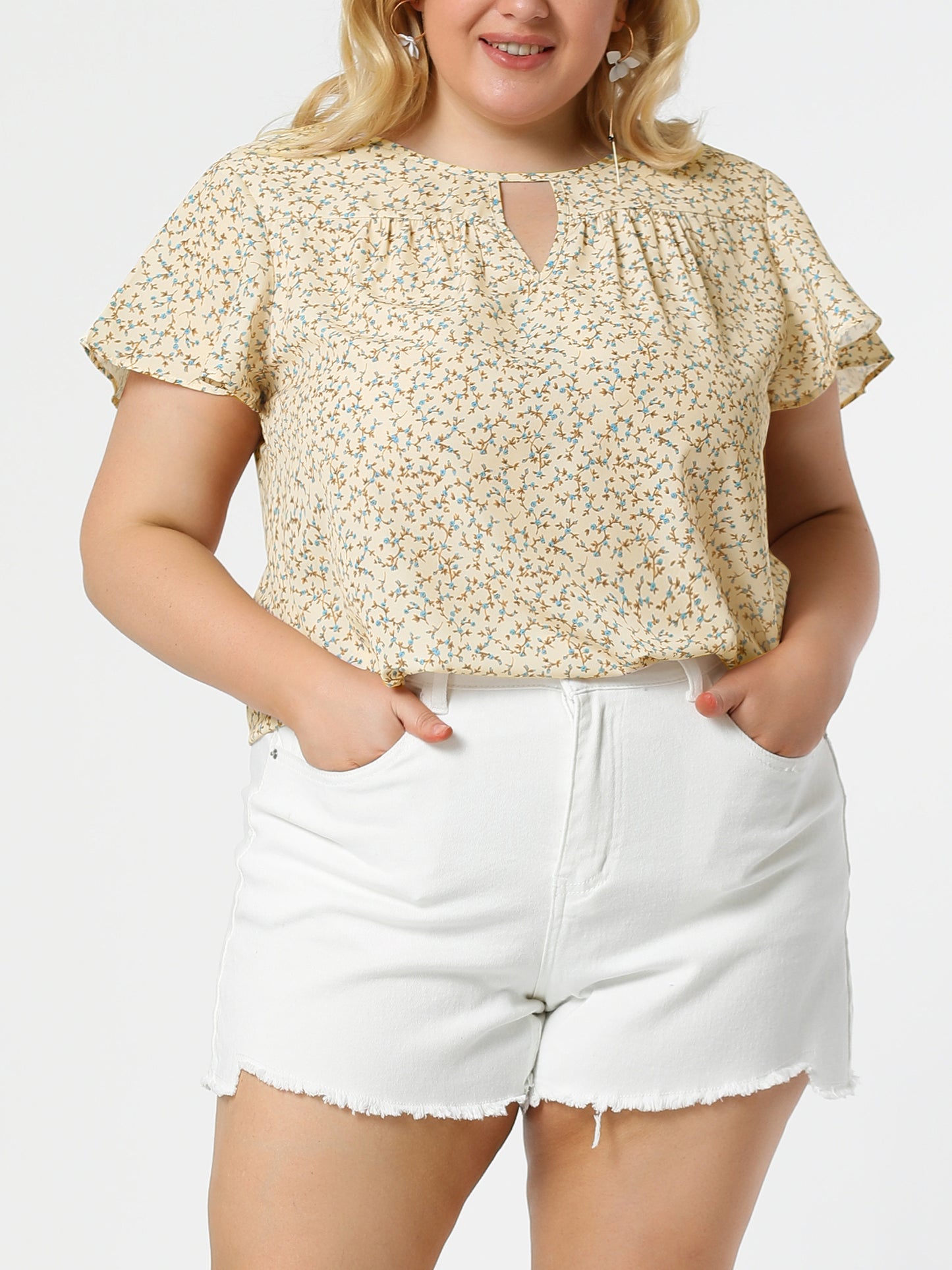 Women's Plus Size Blouses Summer Ruffle Short Sleeve Shirts Keyhole Chiffon Top