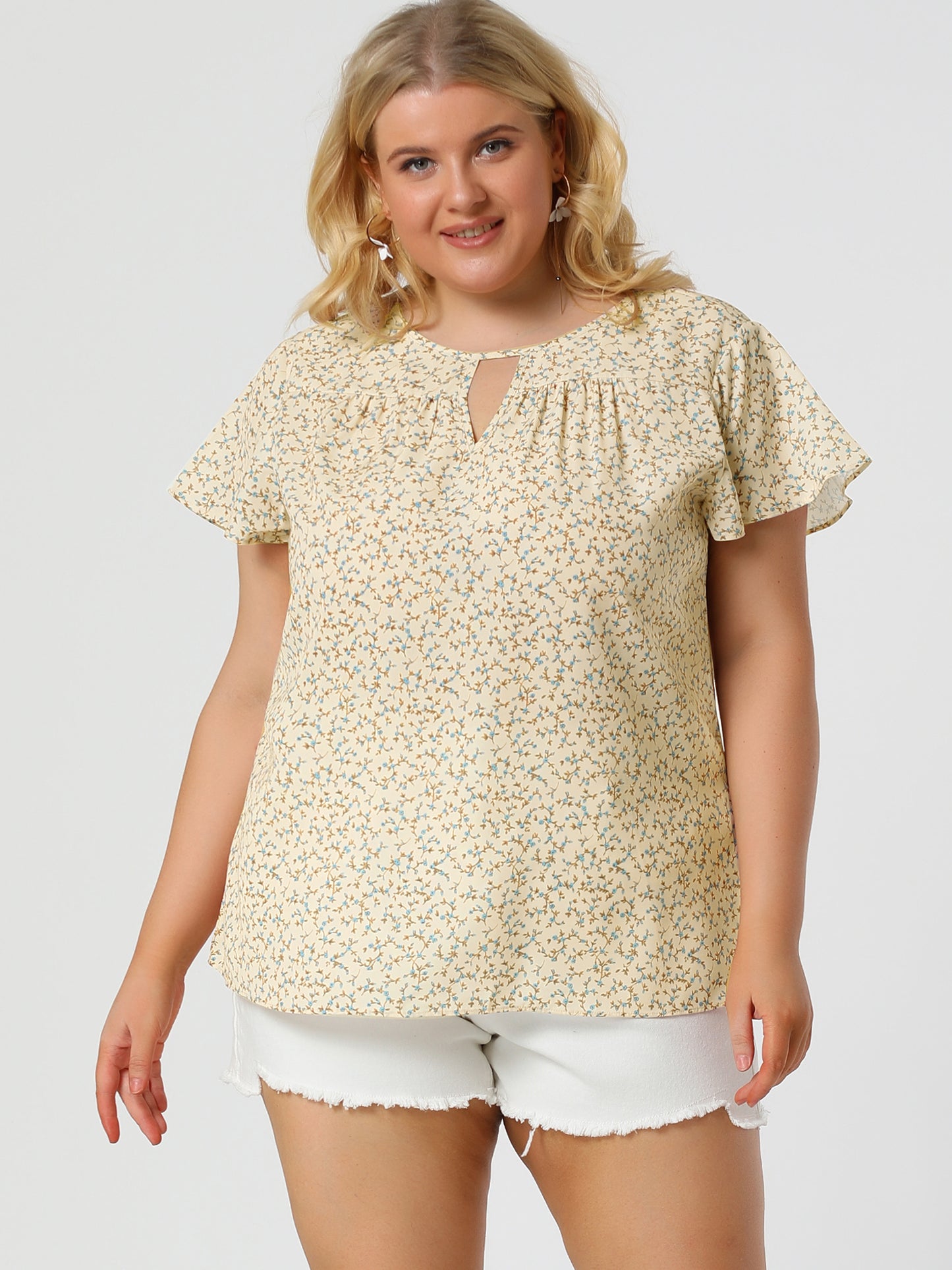 Women's Plus Size Blouses Summer Ruffle Short Sleeve Shirts Keyhole Chiffon Top