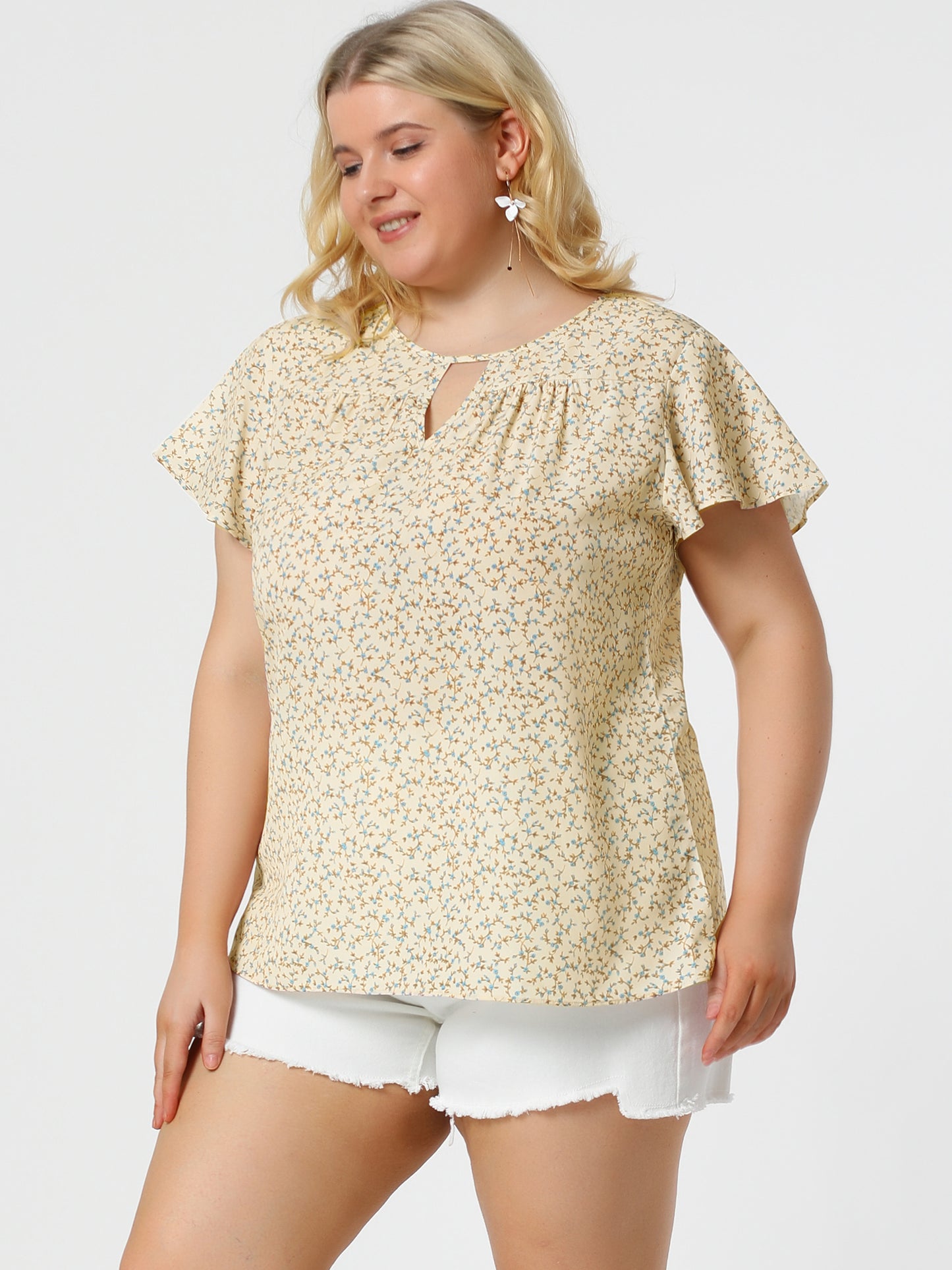 Women's Plus Size Blouses Summer Ruffle Short Sleeve Shirts Keyhole Chiffon Top